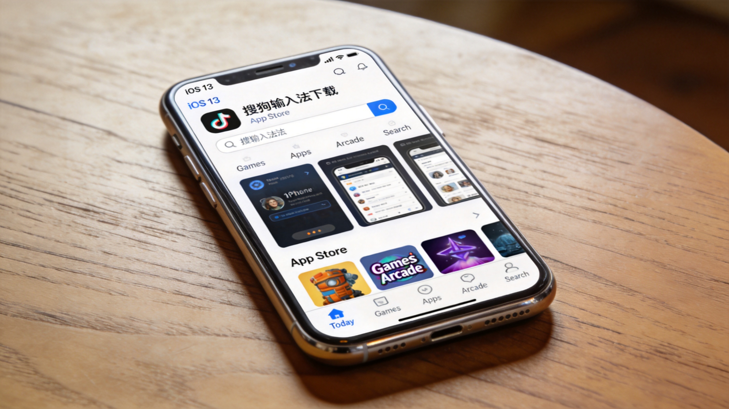 桌面摆放的iPhone，屏幕显示App Store搜索“搜狗输入法下载”的界面，系统版本为iOS13，室内自然光