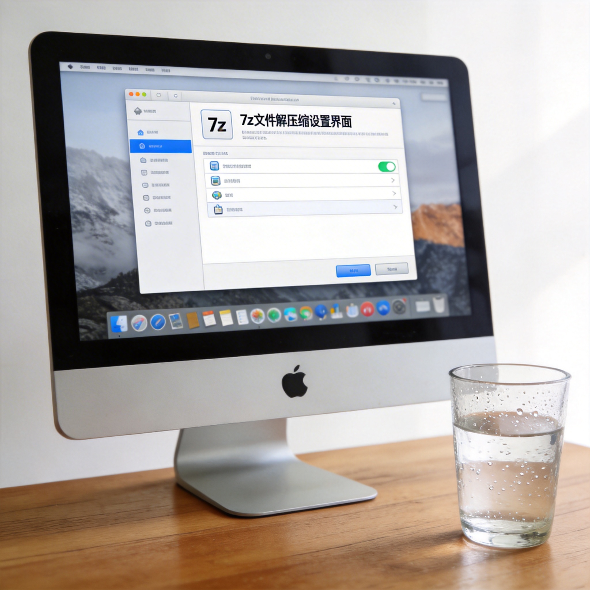 书桌上的主机，屏幕显示苹果手机 7z 文件解压缩设置界面，桌角放着水杯，自然光