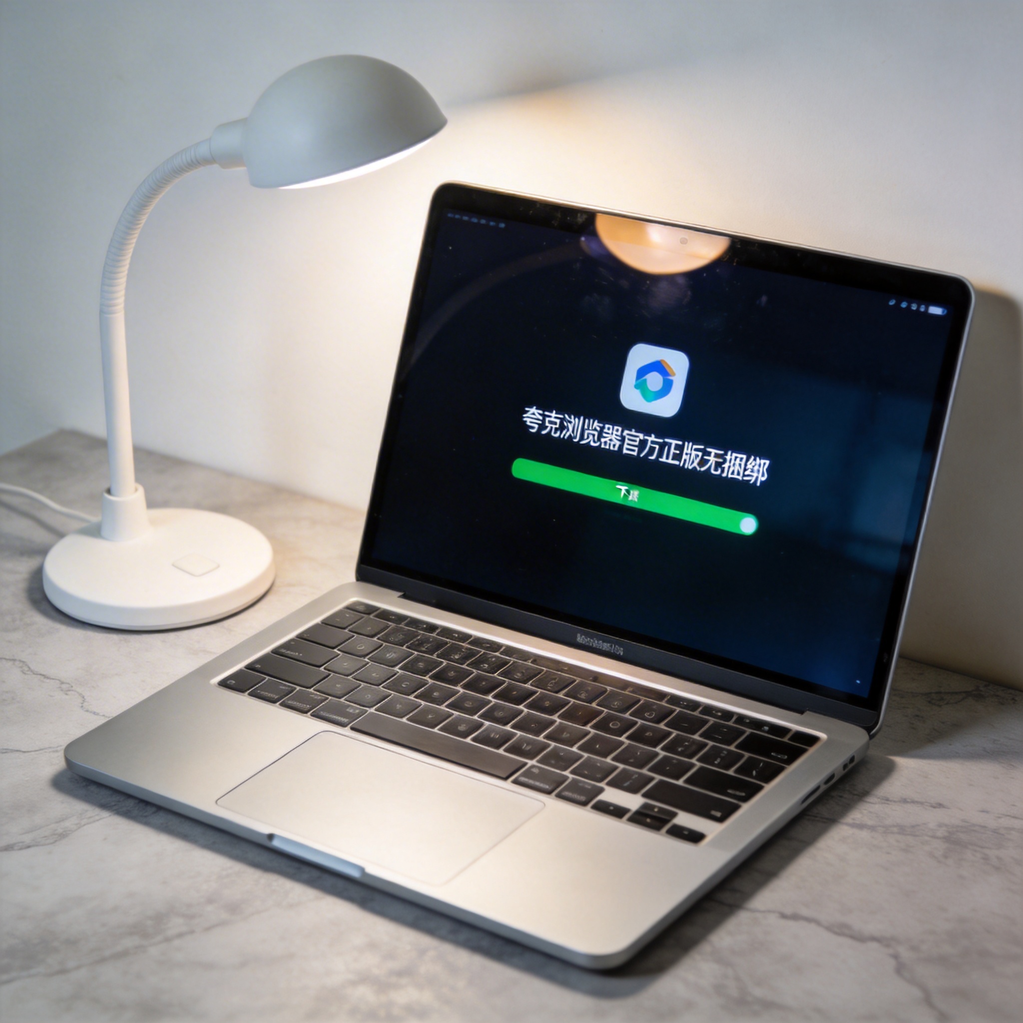 电脑桌上的电脑，屏幕显示夸克浏览器官方正版无捆绑进度条，旁边放着台灯