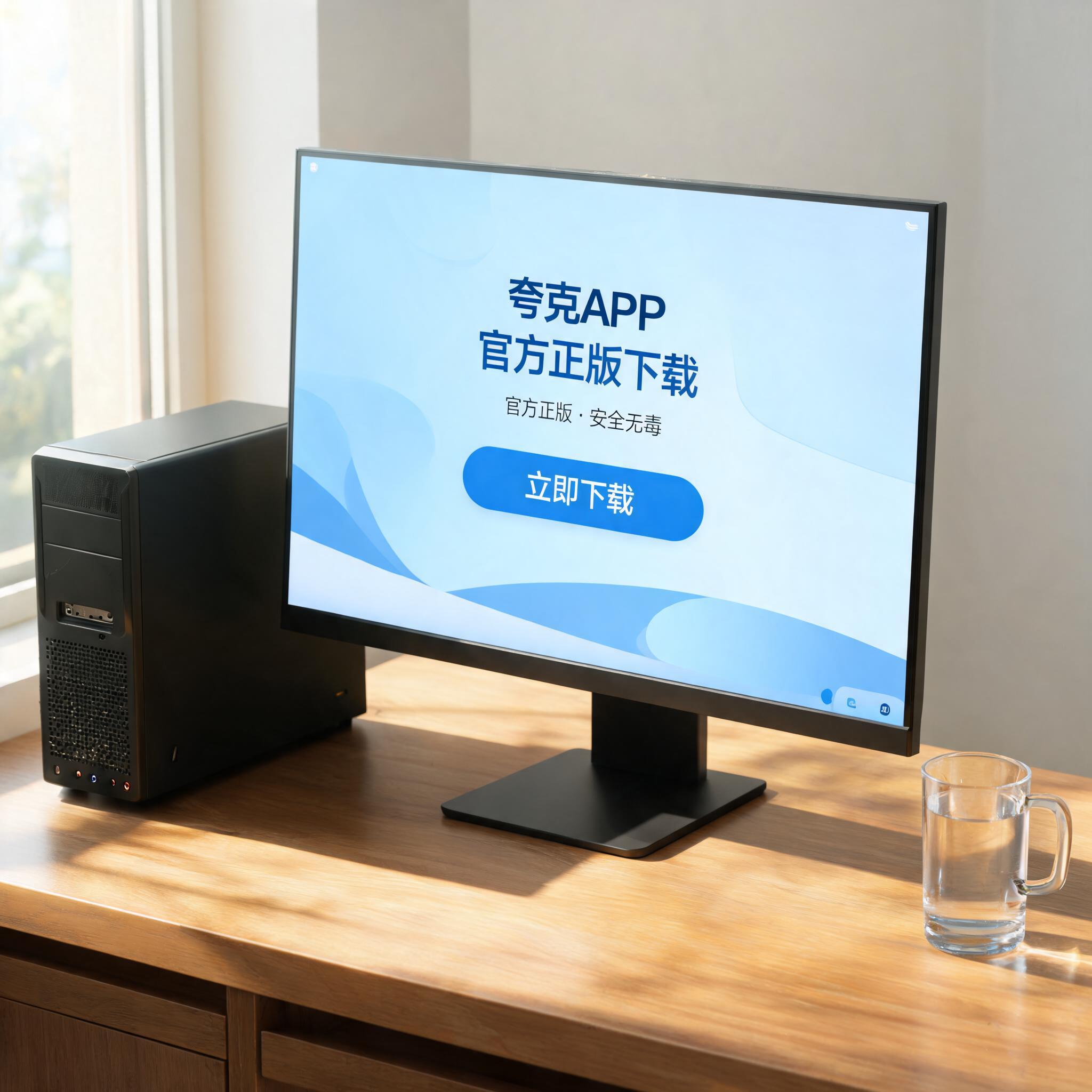 书桌上的主机，屏幕显示夸克 APP 官方正版下载设置界面，桌角放着水杯，自然光