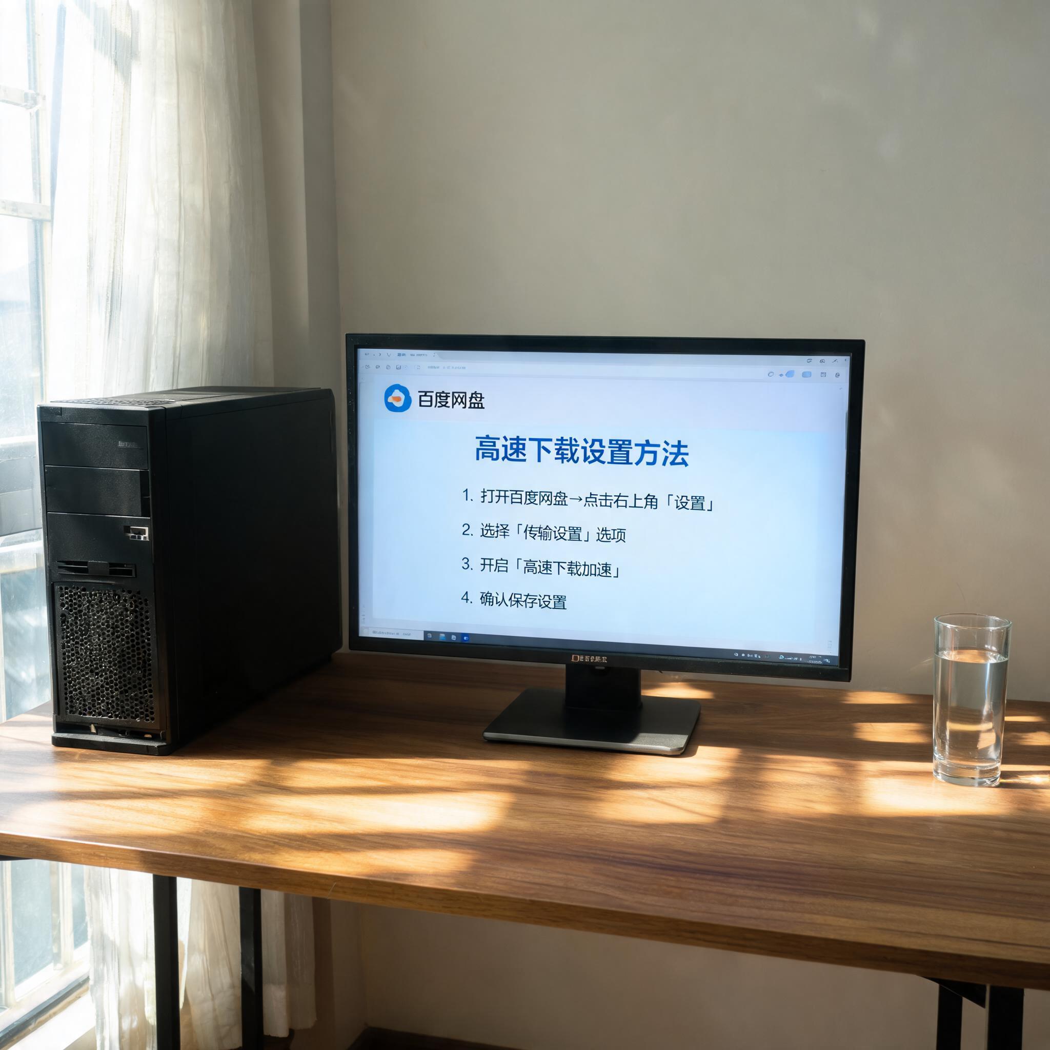 书桌上的主机，屏幕显示百度网盘高速下载设置方法设置界面，桌角放着水杯，自然光