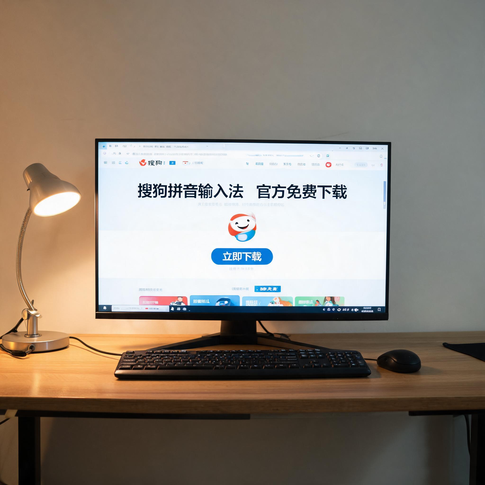 电脑桌上的电脑，屏幕显示搜狗拼音官方免费下载界面，旁边放着台灯