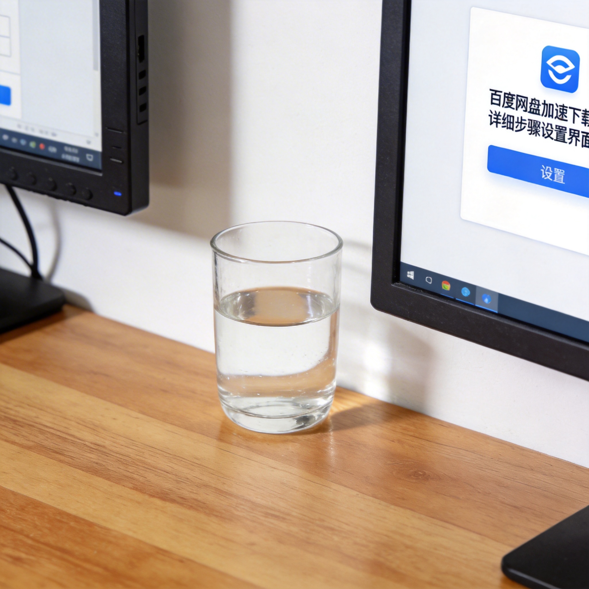书桌上的主机，屏幕显示百度网盘加速下载详细步骤设置界面，桌角放着水杯，自然光