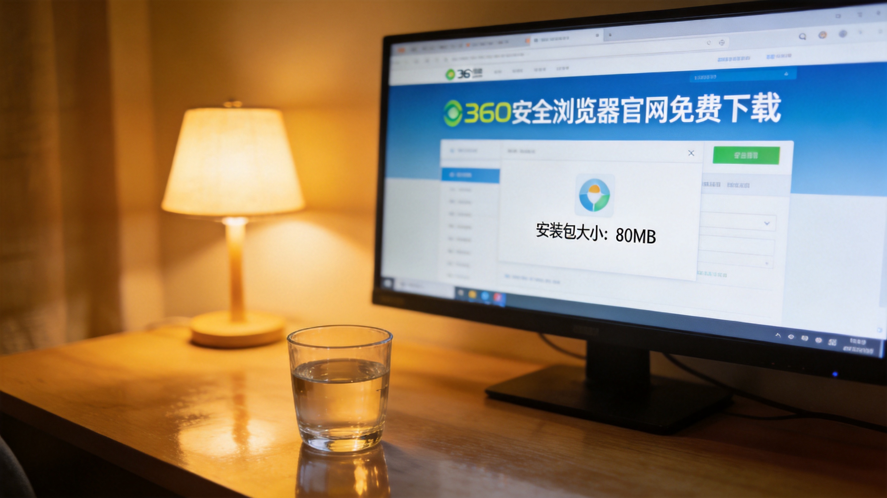 电脑屏幕显示360安全浏览器官网的免费下载页面，标注安装包大小80MB，桌面放着半杯凉白开，台灯暖光