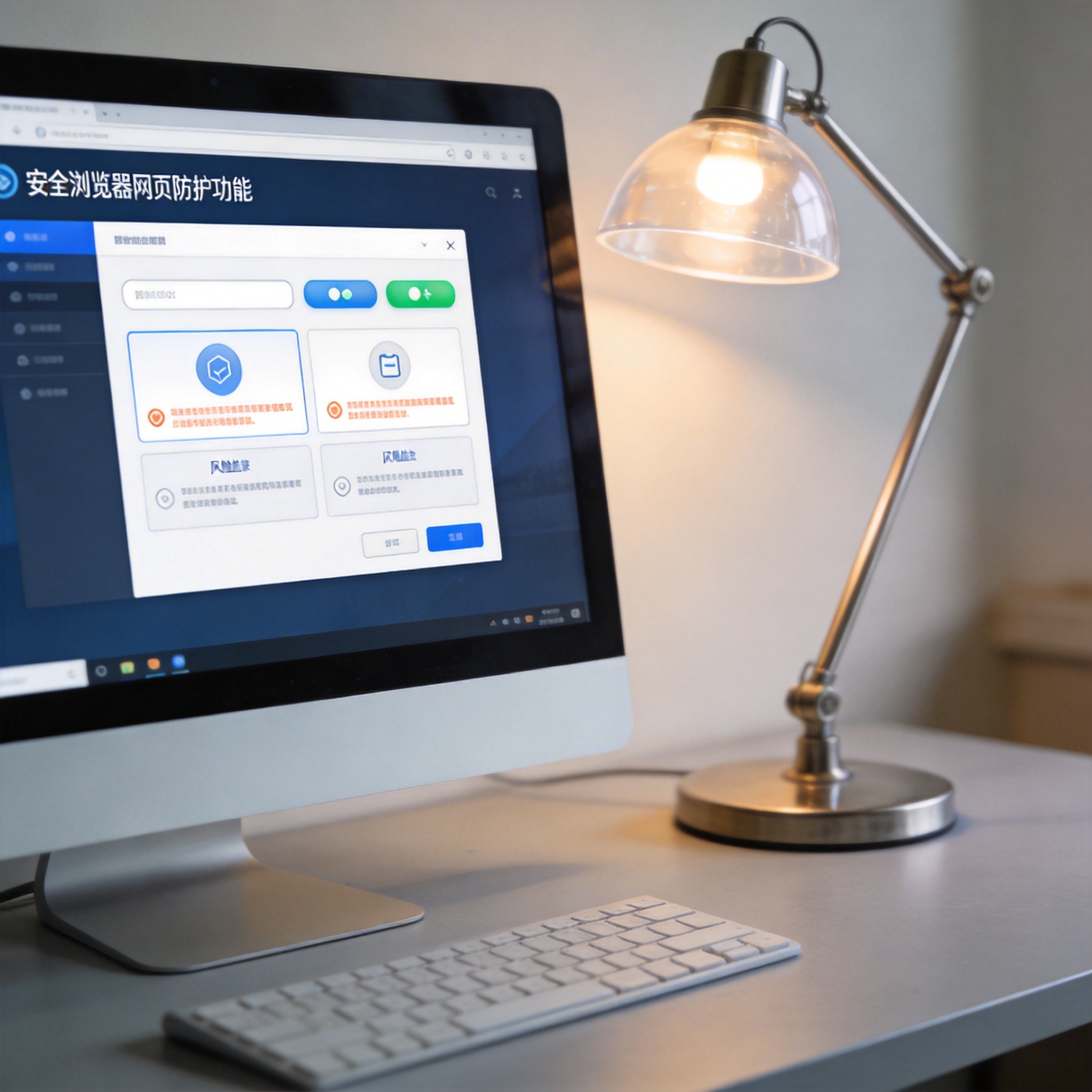 电脑桌上的电脑，屏幕显示安全浏览器网页防护功能界面，旁边放着台灯