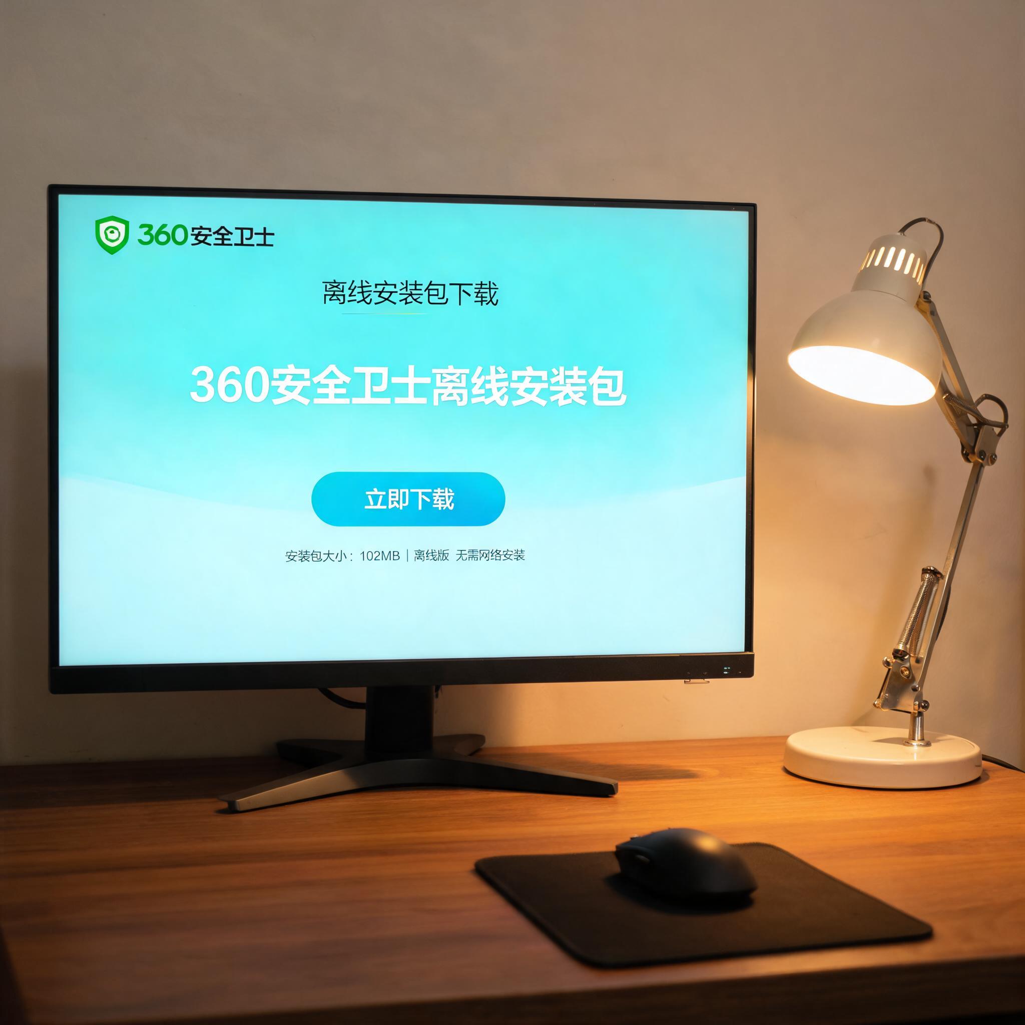 电脑桌上的电脑，屏幕显示360 安全卫士离线安装包下载界面，旁边放着台灯