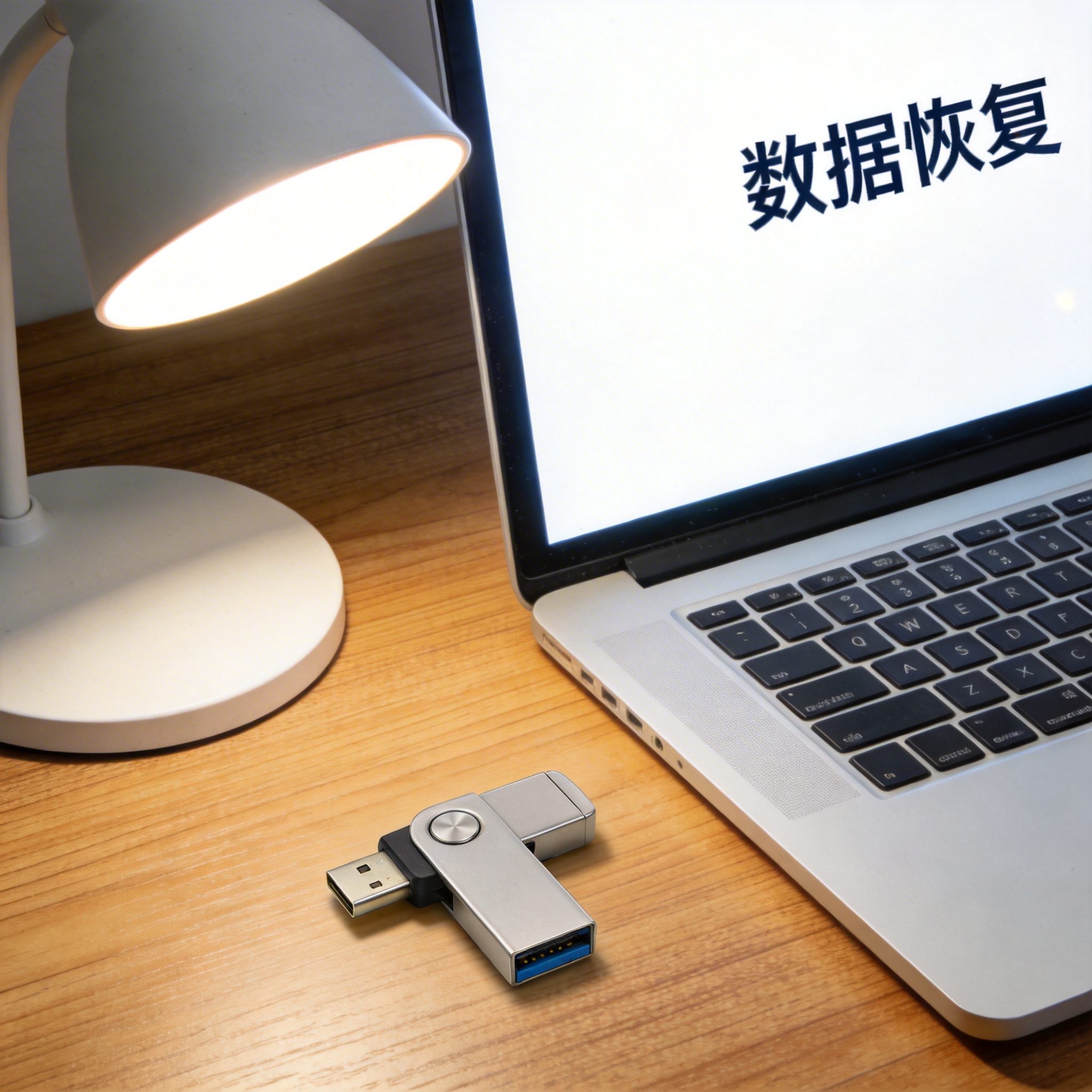 电脑桌上的U盘，屏幕显示数据恢复桌面，旁边放着台灯