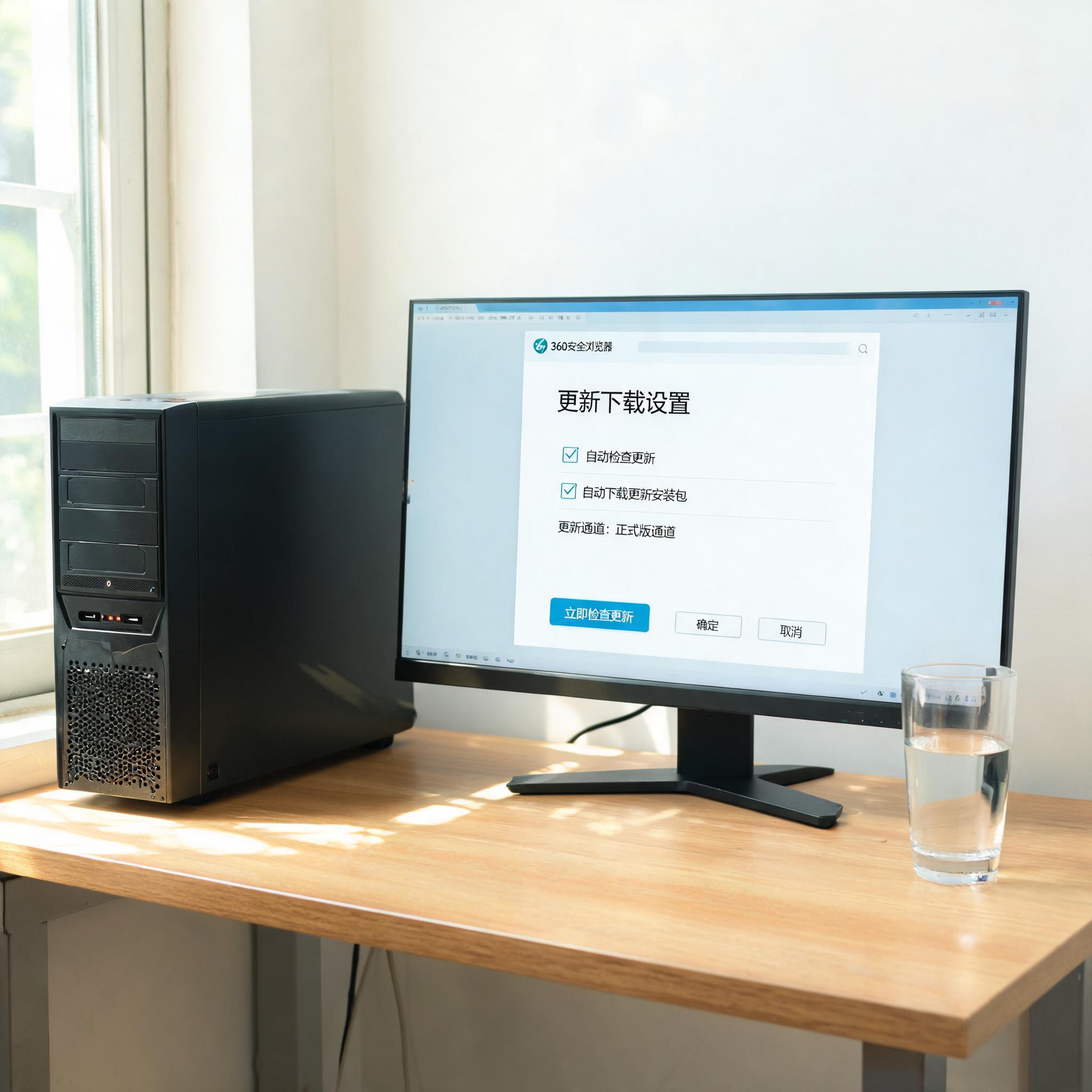 书桌上的主机，屏幕显示360 安全浏览器更新下载设置界面，桌角放着水杯，自然光