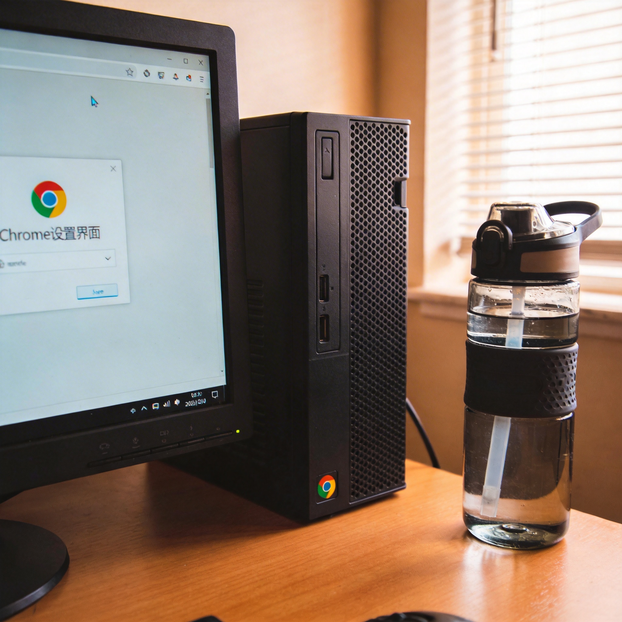 书桌上的主机，屏幕显示Chrome设置界面，桌角放着水杯，自然光