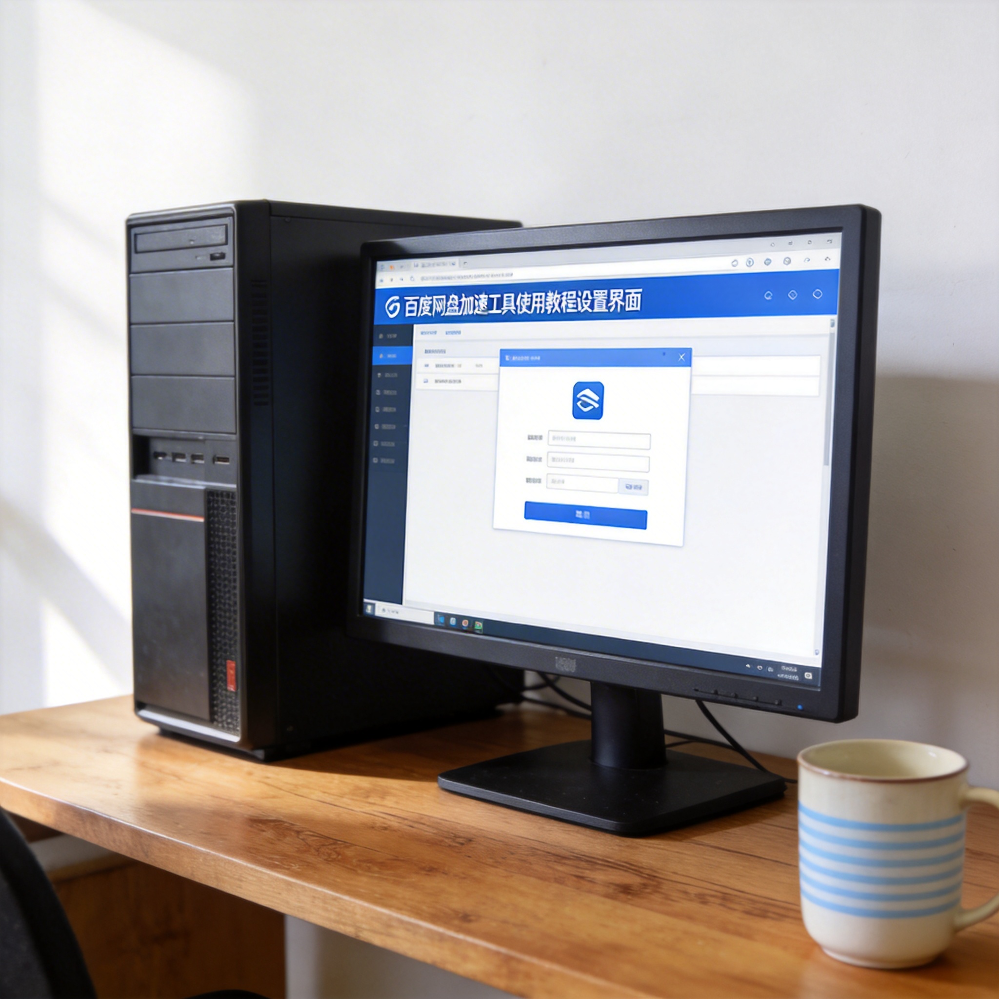 书桌上的主机，屏幕显示百度网盘加速工具使用教程设置界面，桌角放着水杯，自然光
