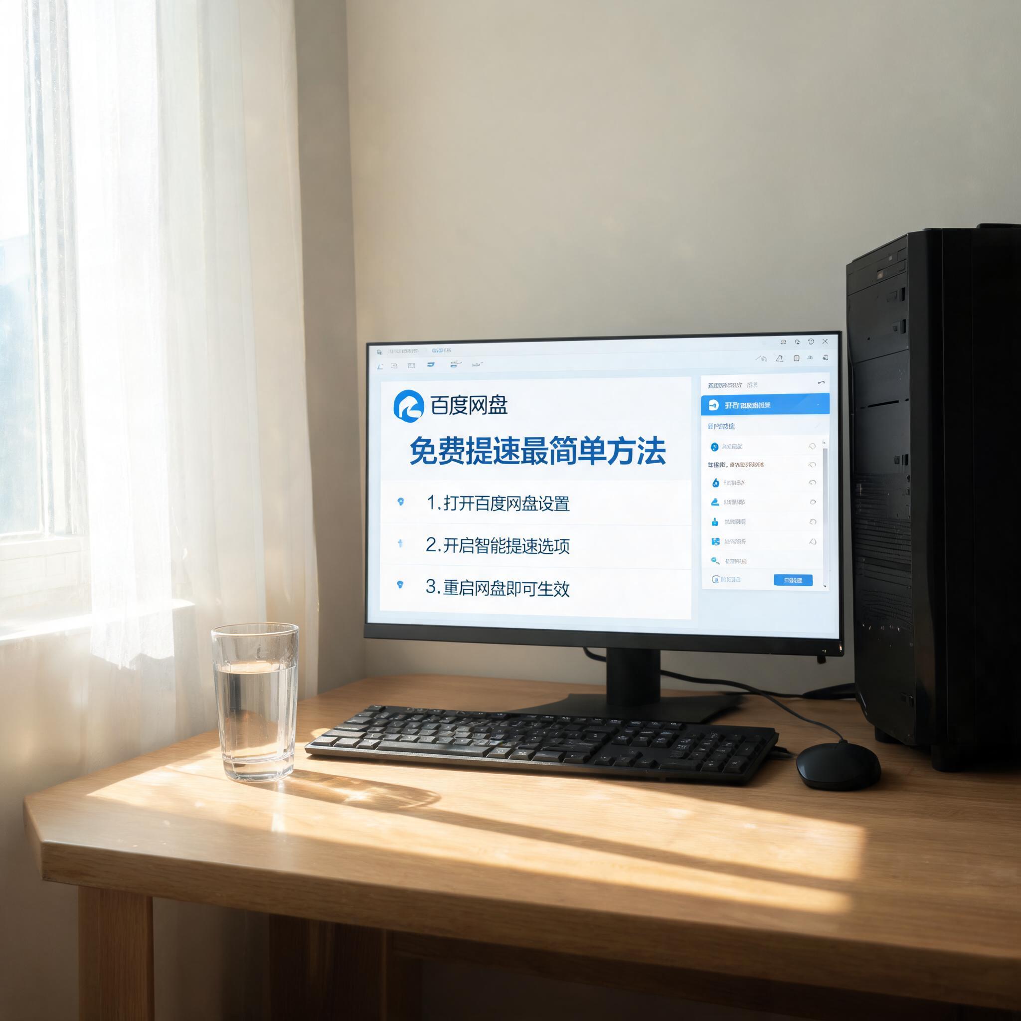 书桌上的主机，屏幕显示百度网盘免费提速最简单方法设置界面，桌角放着水杯，自然光