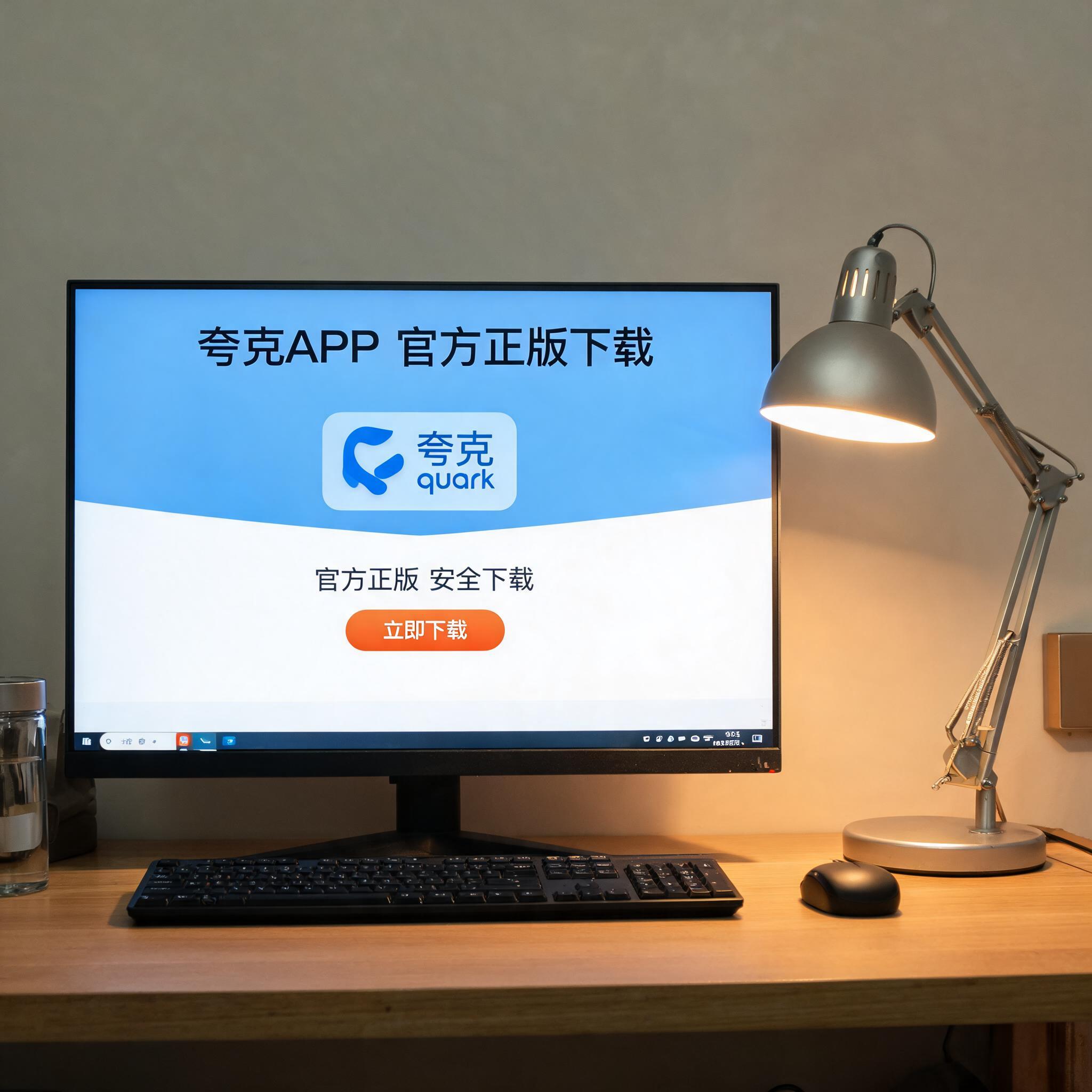 电脑桌上的电脑，屏幕显示夸克 APP 官方正版下载界面，旁边放着台灯