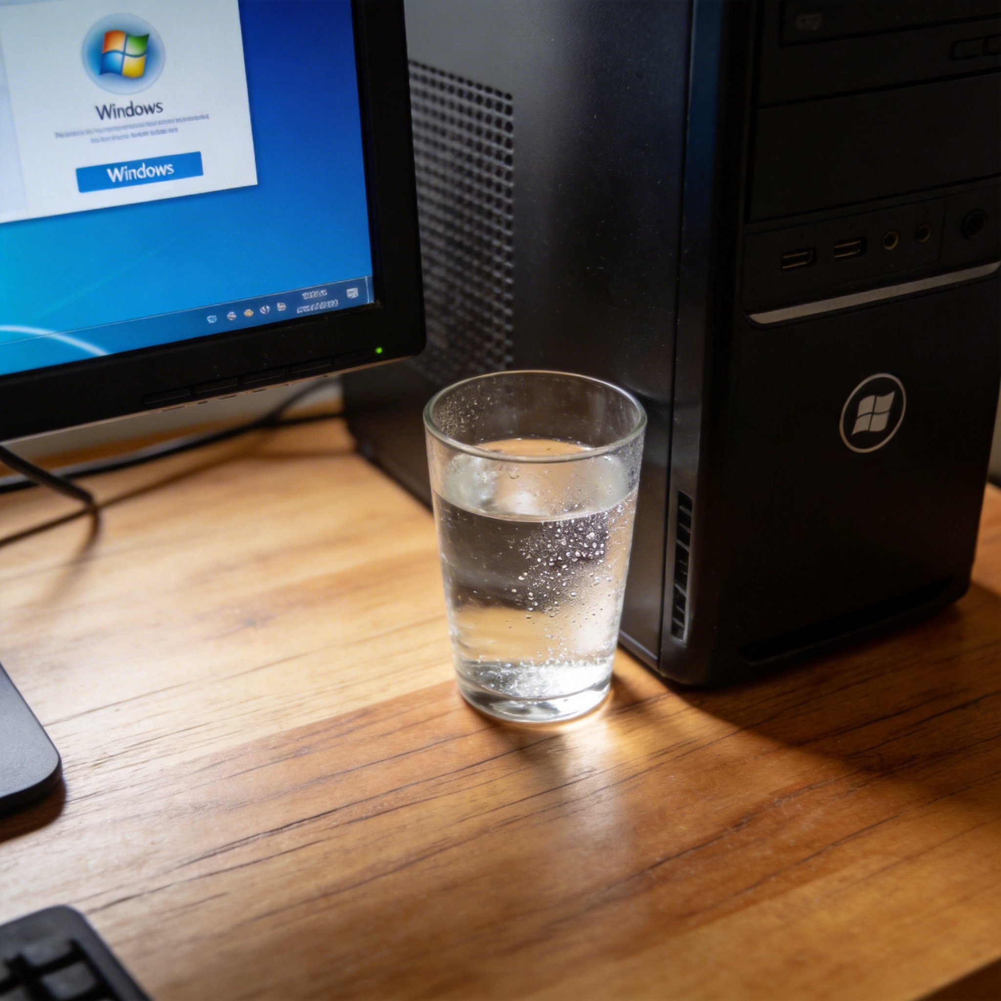 书桌上的主机，屏幕显示Windows设置界面，桌角放着水杯，自然光