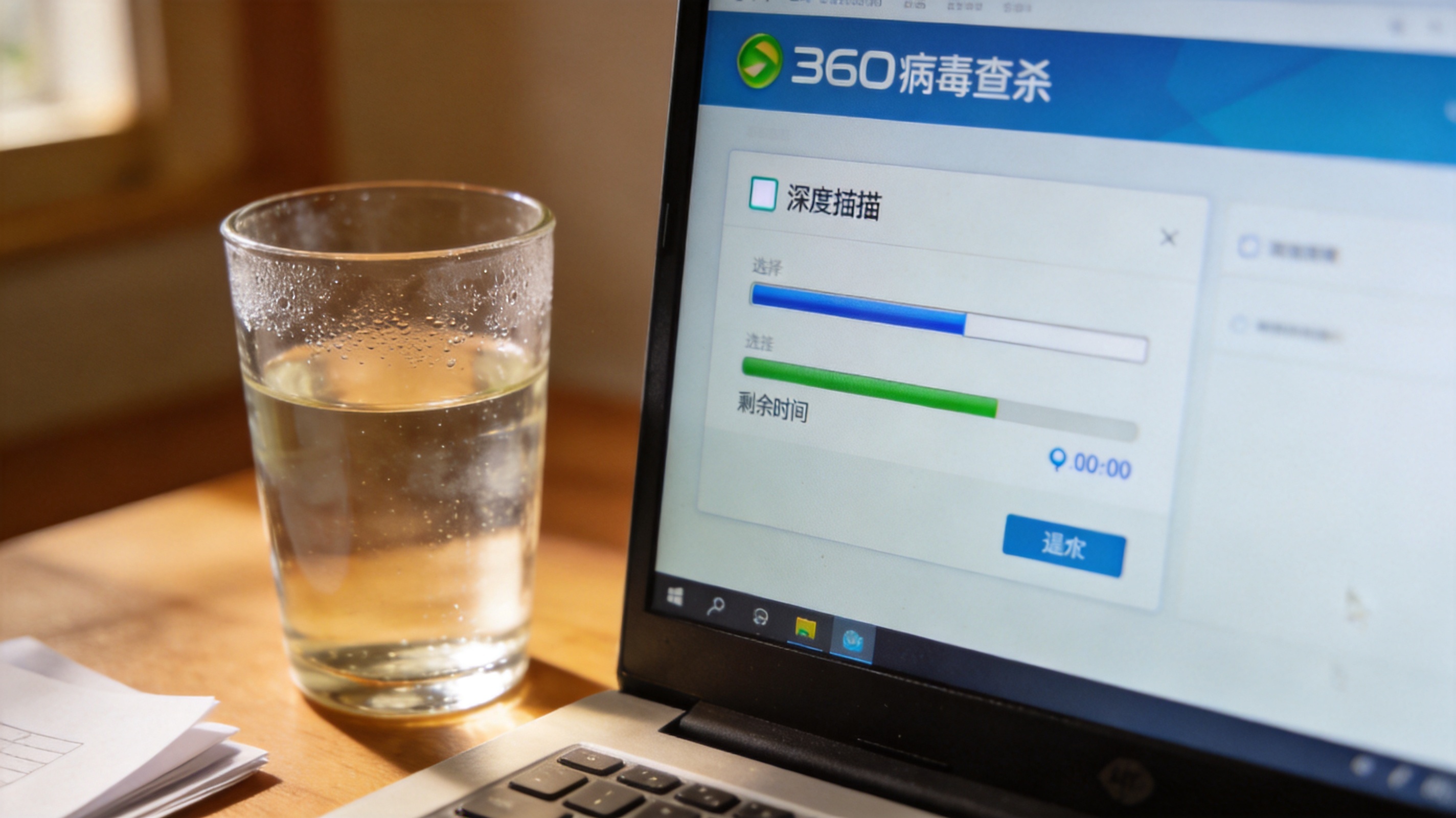 电脑桌面，屏幕显示360杀毒软件病毒查杀界面，深度扫描选项处于选中状态，旁边放着半杯温水，室内自然光