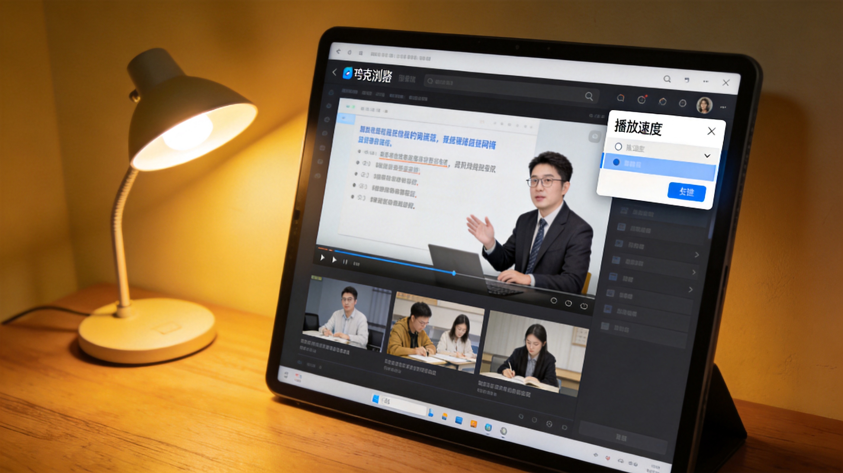 电脑屏幕显示夸克浏览器播放的网课视频，右键菜单打开后显示“播放速度”选项，旁边的桌面有台打开的台灯，暖光