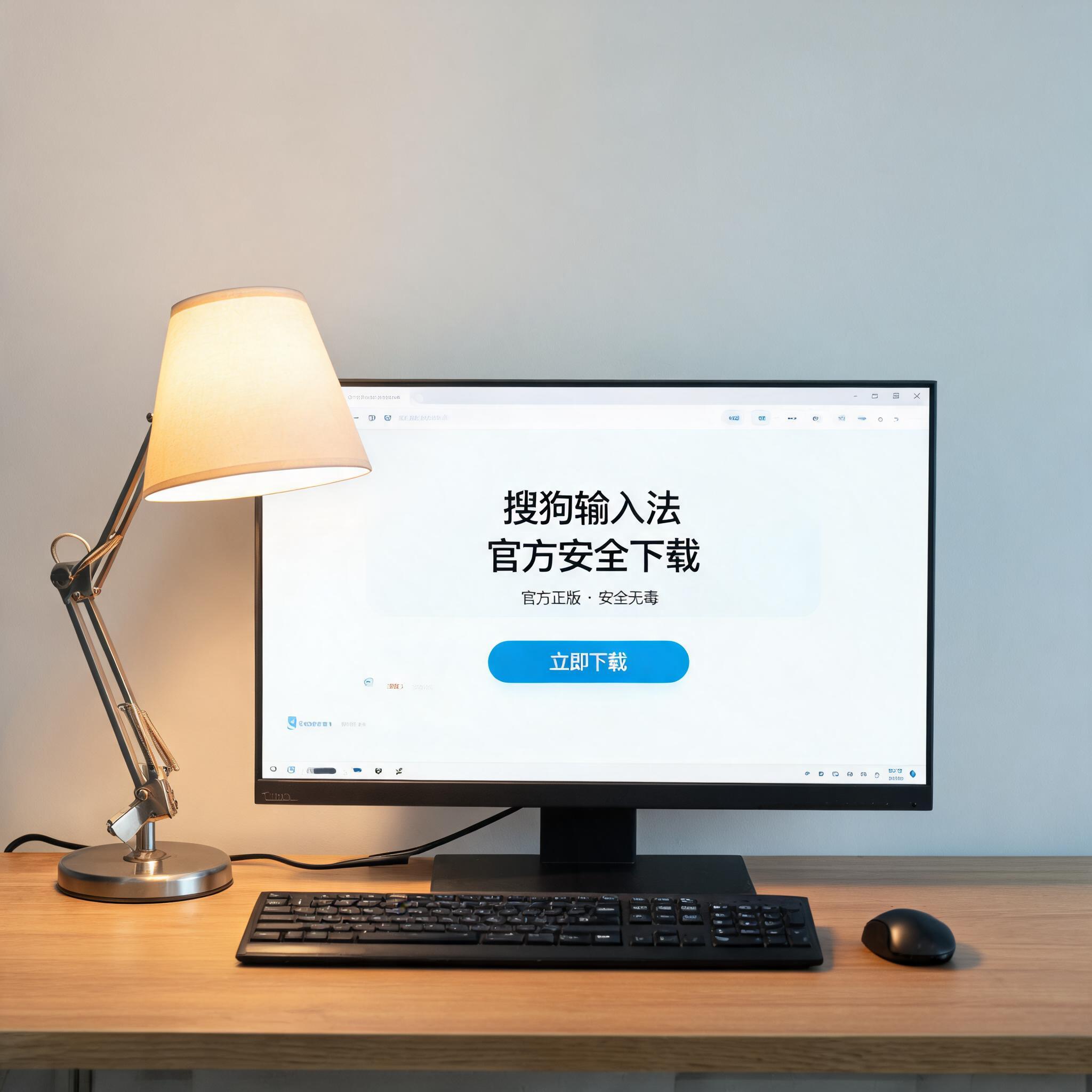 电脑桌上的电脑，屏幕显示搜狗输入法安全官方下载界面，旁边放着台灯