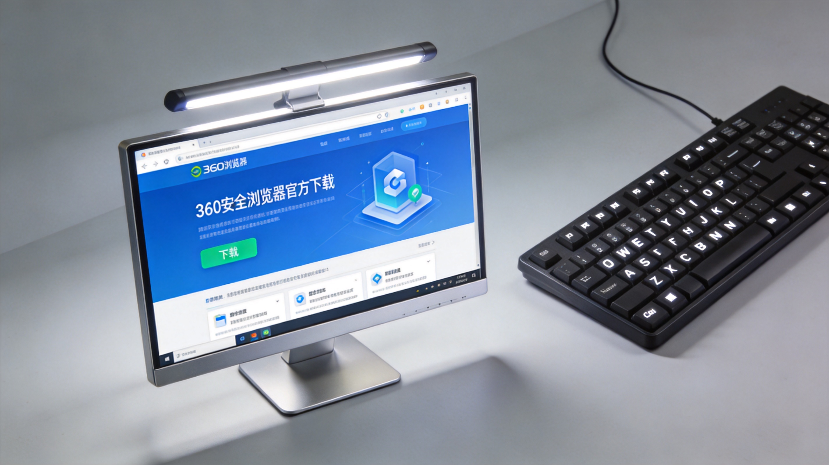台式机屏幕显示360安全浏览器官方下载页面，旁边摆着有线键盘，台灯冷光