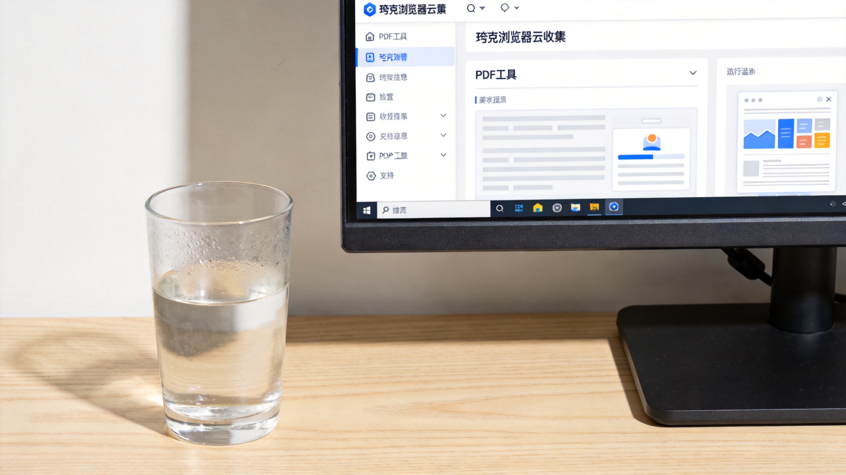 电脑桌面，屏幕显示夸克浏览器云收藏页面，页面里的PDF工具板块清晰可见，旁边放着半杯温水，室内自然光