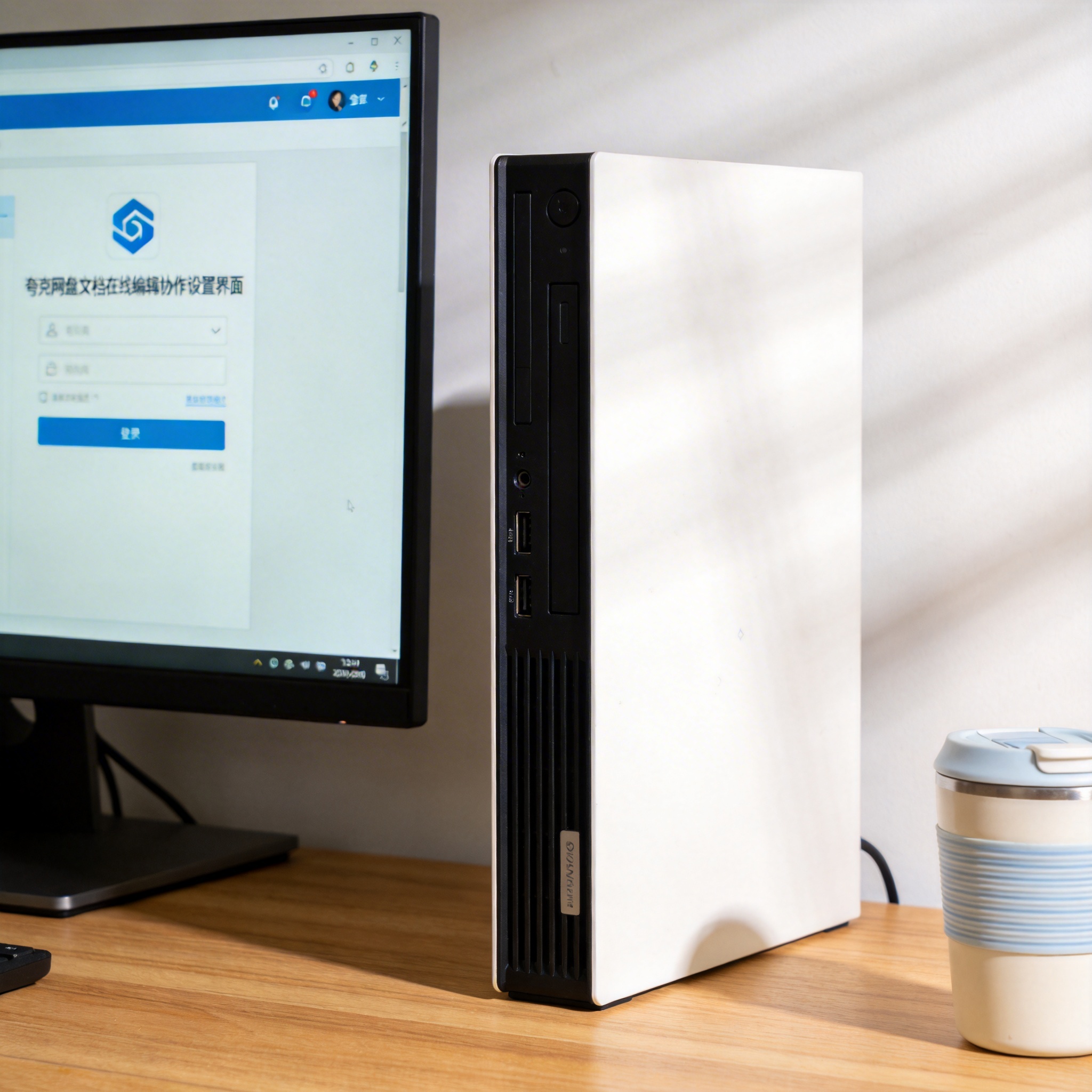 书桌上的主机，屏幕显示夸克网盘文档在线编辑协作设置界面，桌角放着水杯，自然光