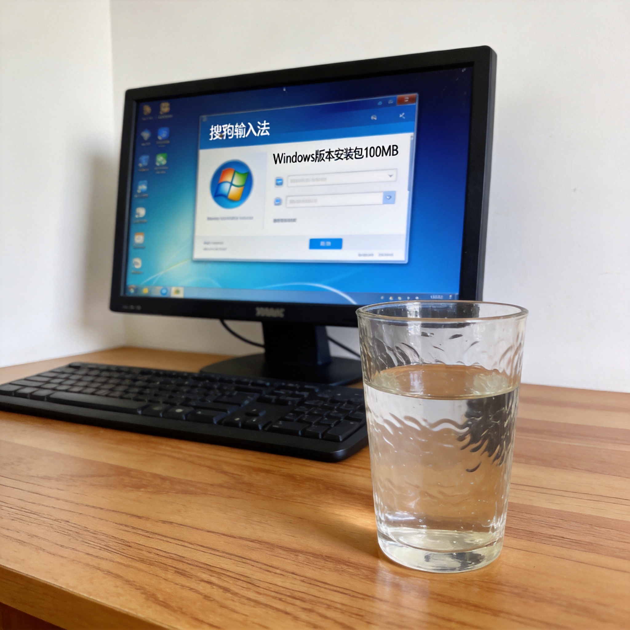 电脑桌的Windows系统电脑，屏幕显示搜狗输入法官网下载页面，标注Windows版本安装包100MB，桌面放着半杯温水，室内自然光