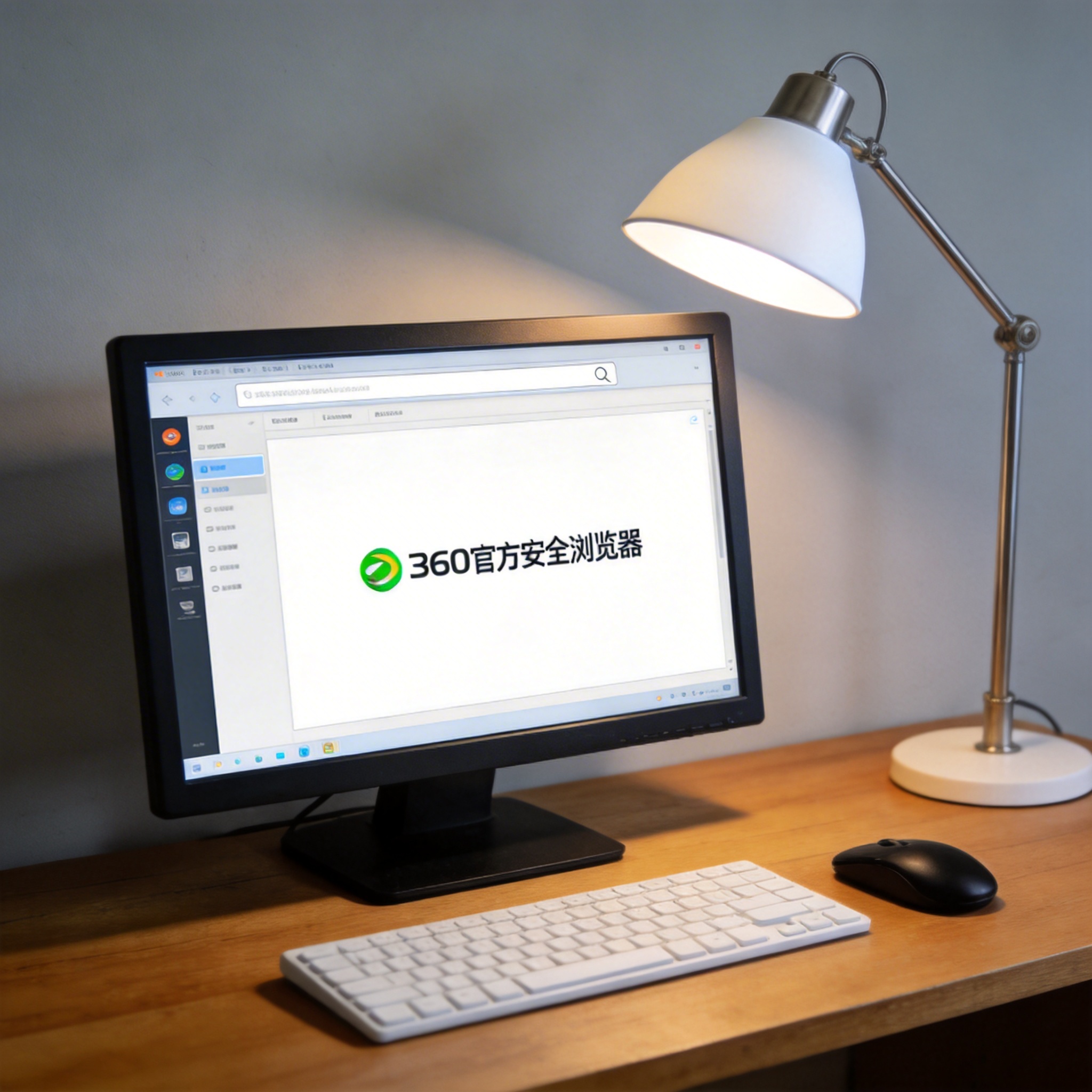 电脑桌上的电脑，屏幕显示360 官方安全浏览器窗口，旁边放着台灯