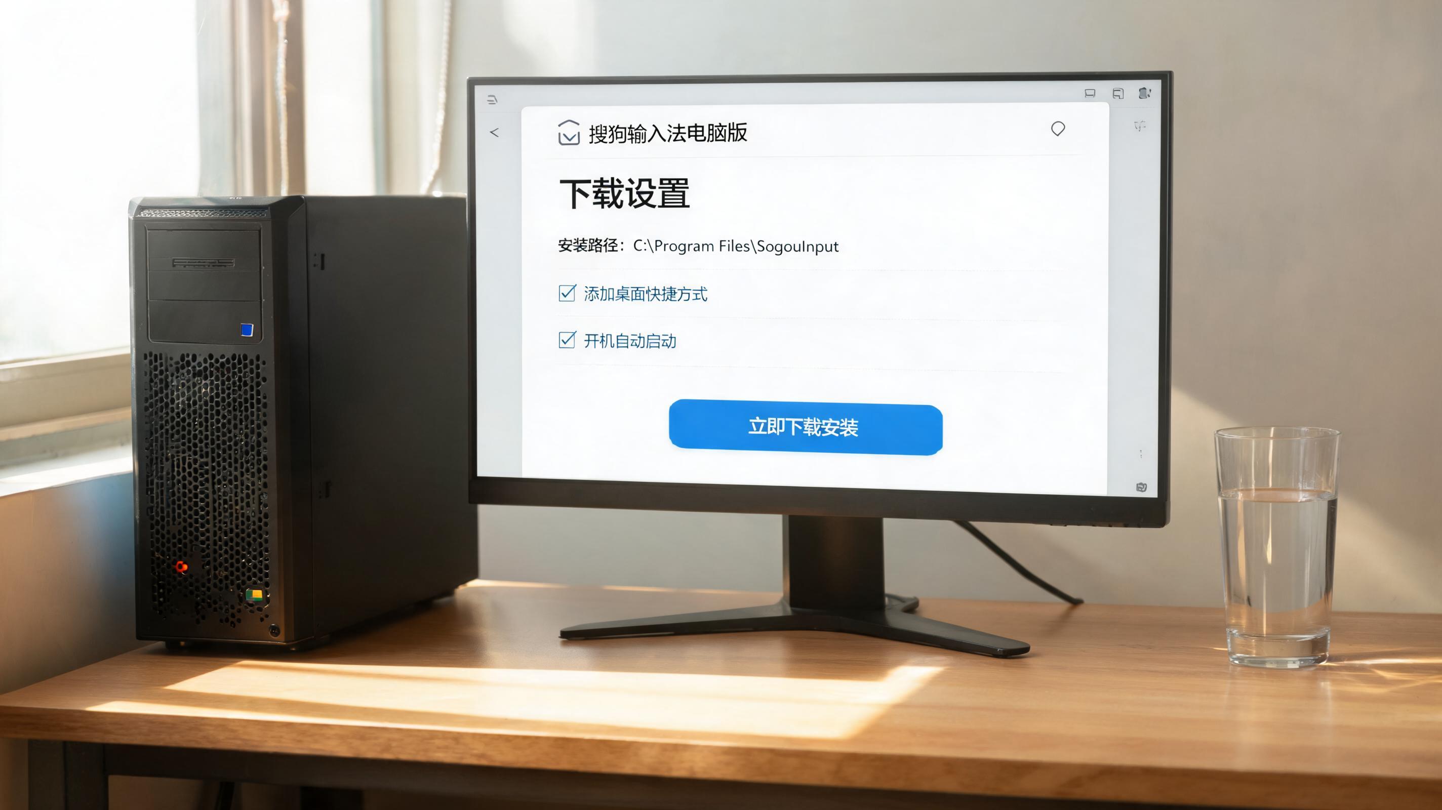 书桌上的主机，屏幕显示搜狗输入法电脑版下载设置界面，桌角放着水杯，自然光