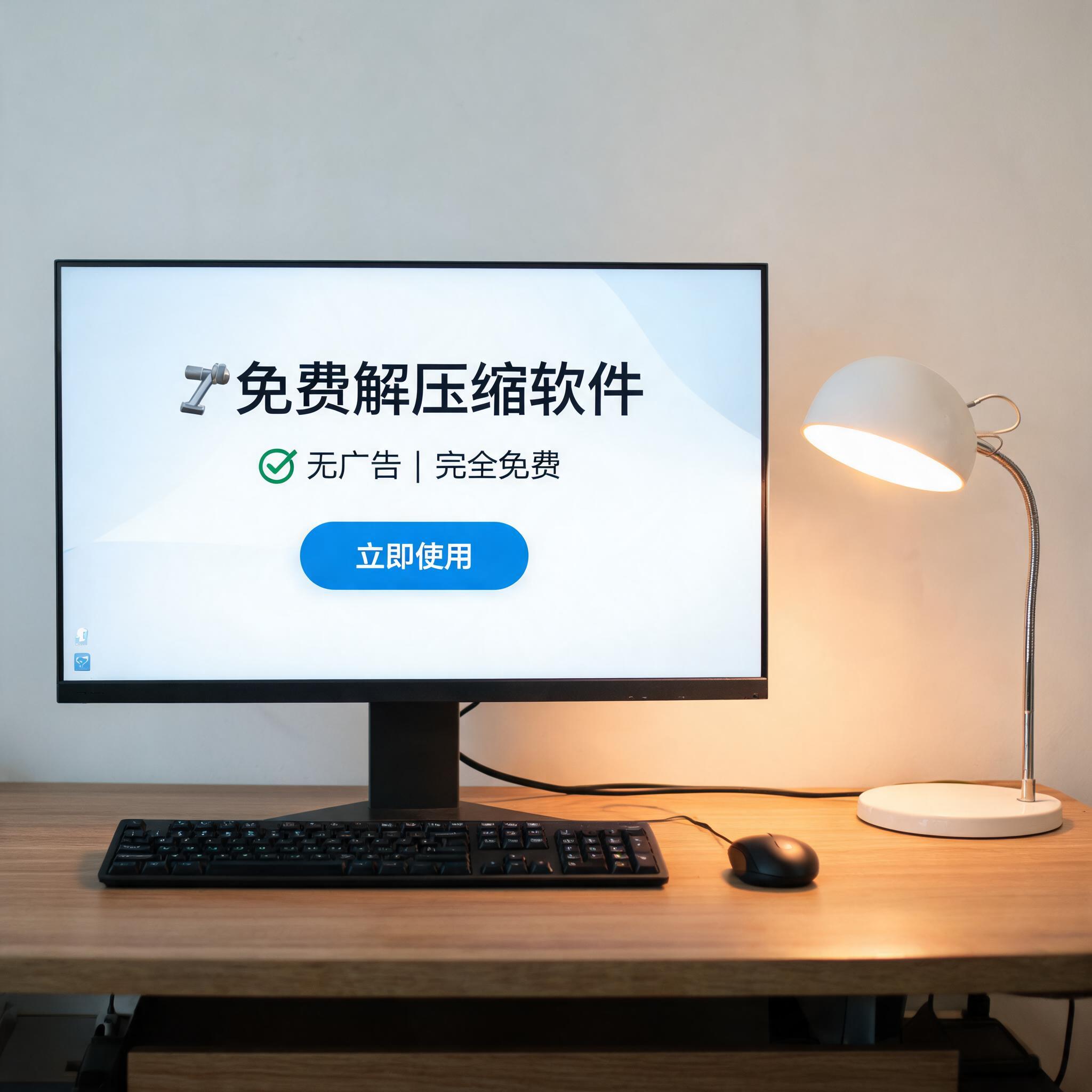 电脑桌上的电脑，屏幕显示无广告解压缩软件免费界面，旁边放着台灯
