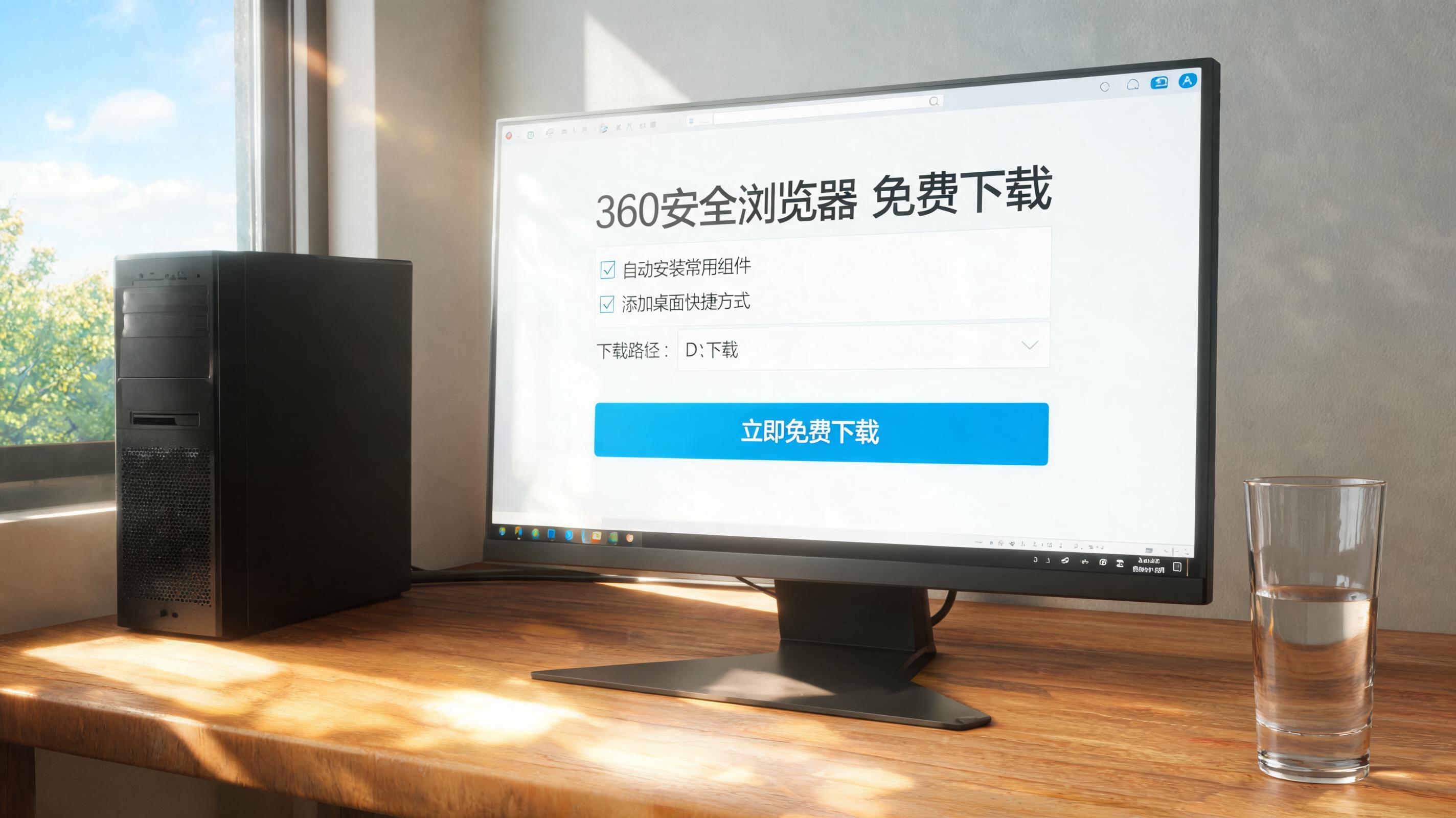 书桌上的主机，屏幕显示360 浏览器免费下载设置界面，桌角放着水杯，自然光