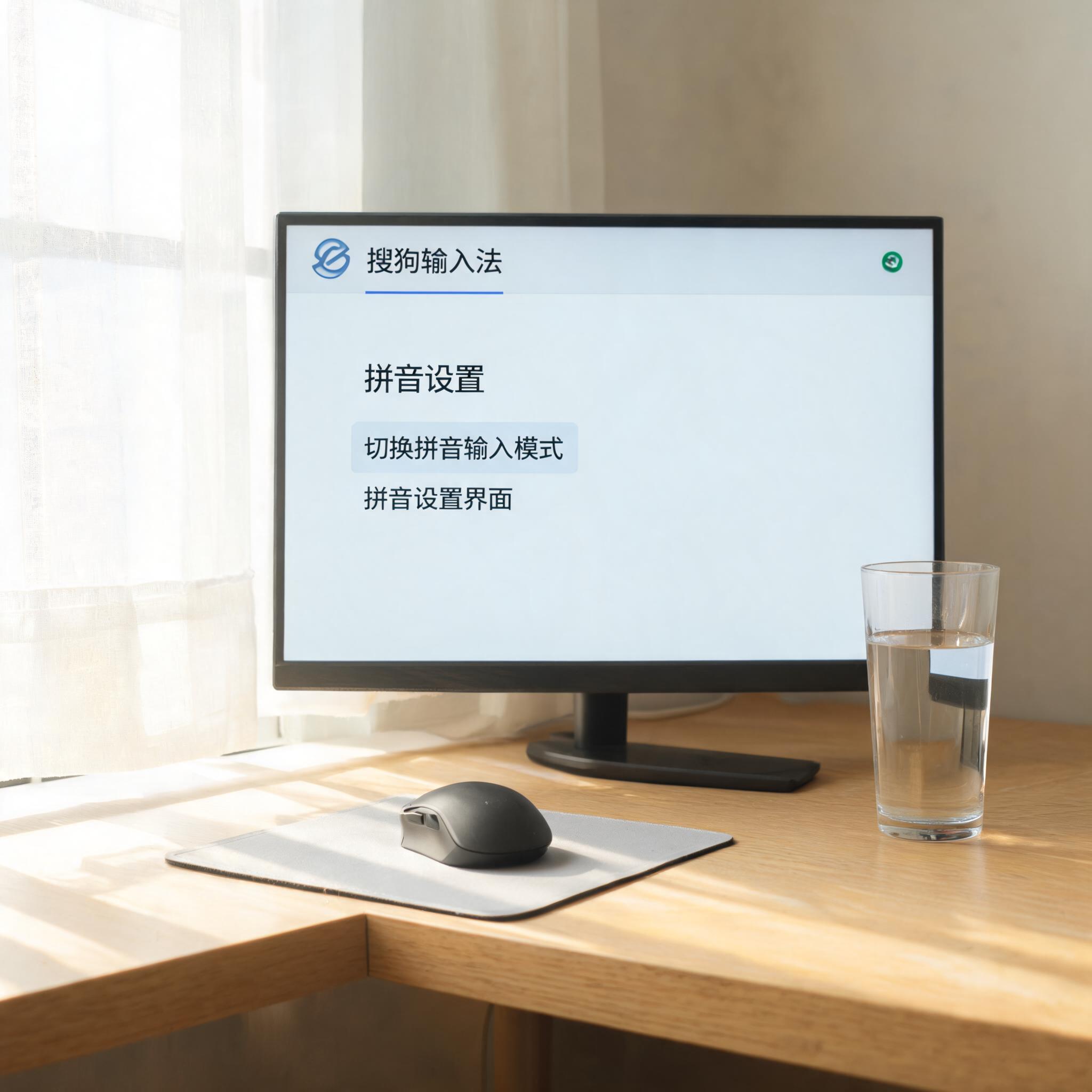书桌上的鼠标，屏幕显示搜狗输入法如何切换拼音设置界面，桌角放着水杯，自然光