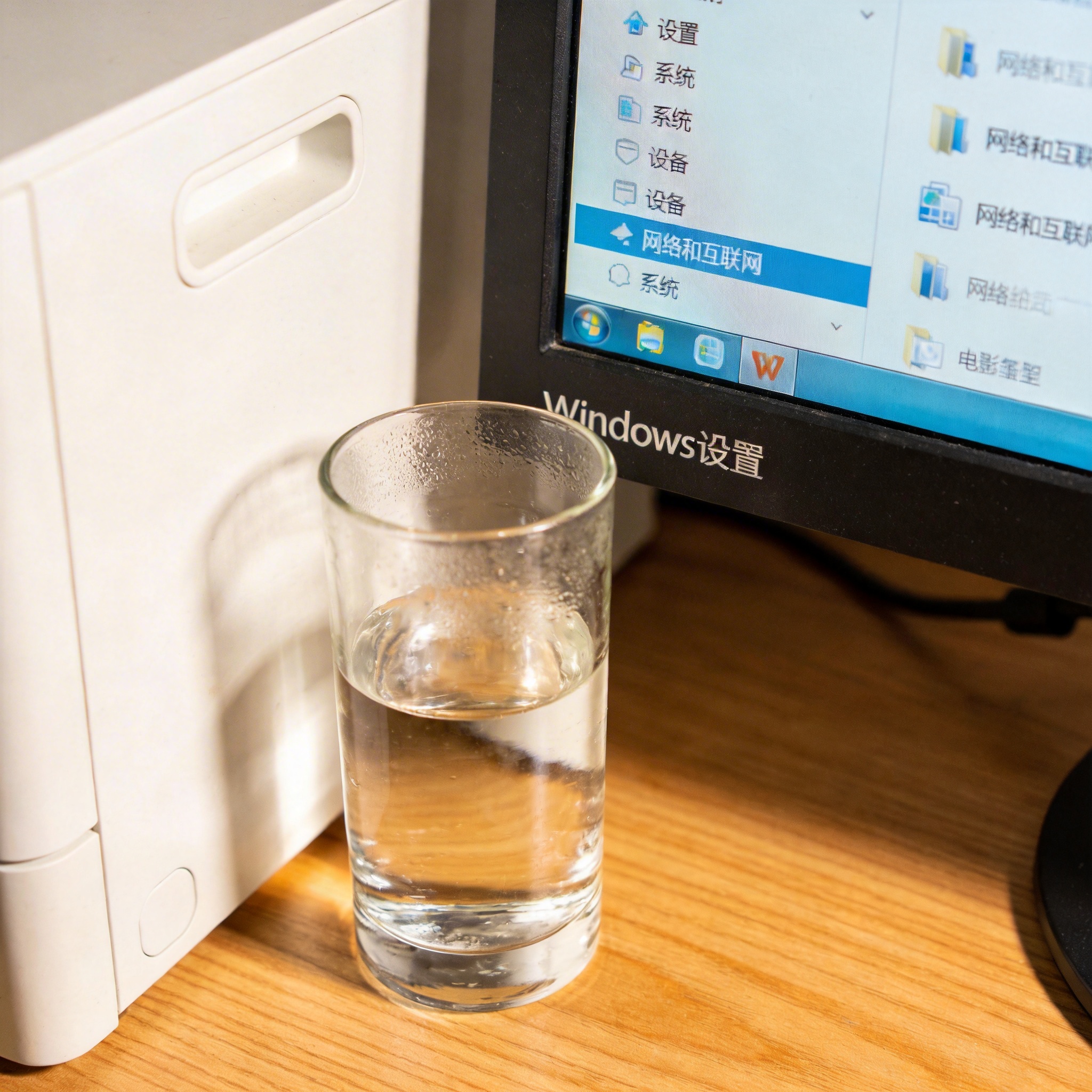 书桌上的主机，屏幕显示Windows设置界面，桌角放着水杯，自然光