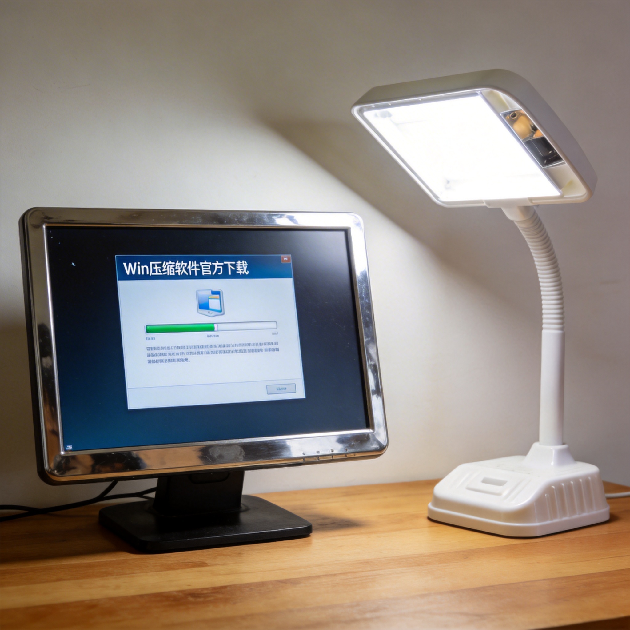 电脑桌上的电脑，屏幕显示win 压缩软件官方下载窗口，旁边放着台灯