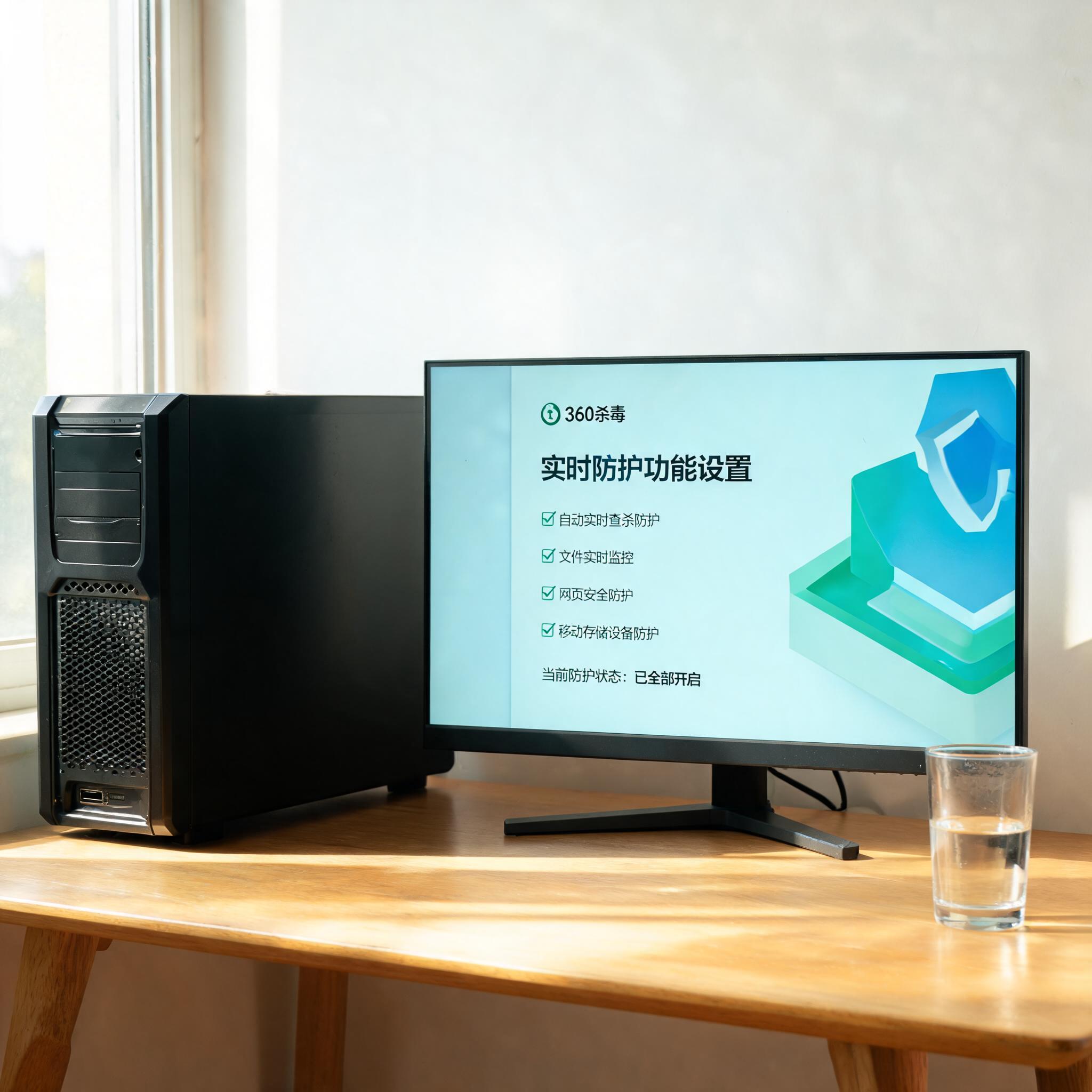 书桌上的主机，屏幕显示360 杀毒实时防护功能设置界面，桌角放着水杯，自然光