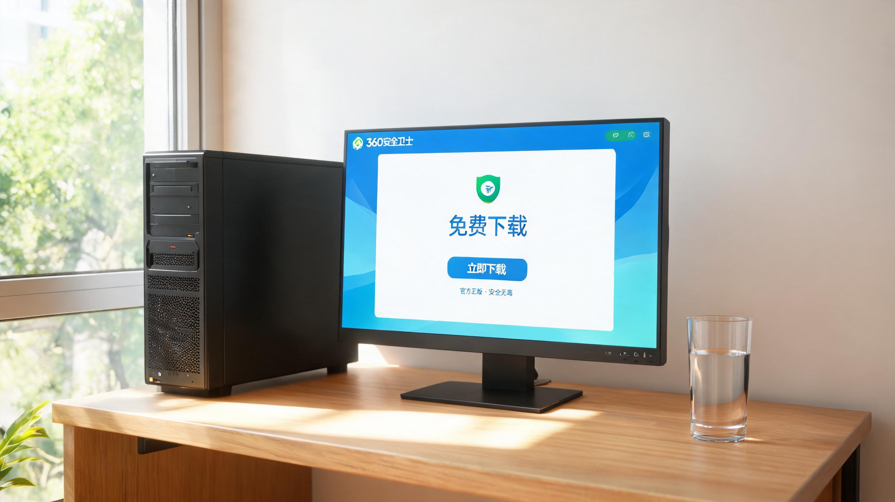 书桌上的主机，屏幕显示360 安全卫士免费下载设置界面，桌角放着水杯，自然光