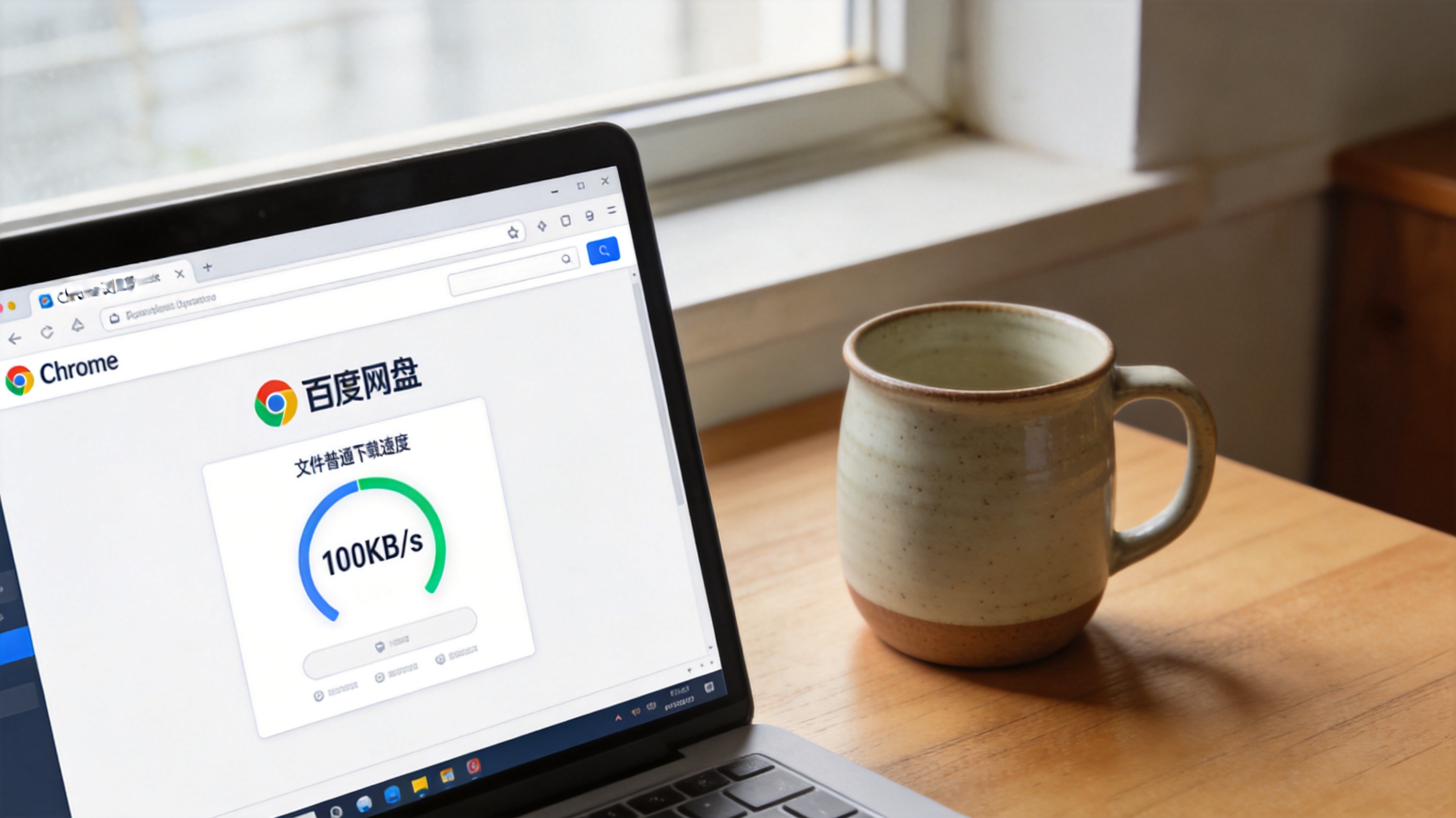 电脑桌面，屏幕显示Chrome浏览器的百度网盘网页版界面，文件普通下载速度显示100KB/s，旁边放着陶瓷水杯，室内自然光