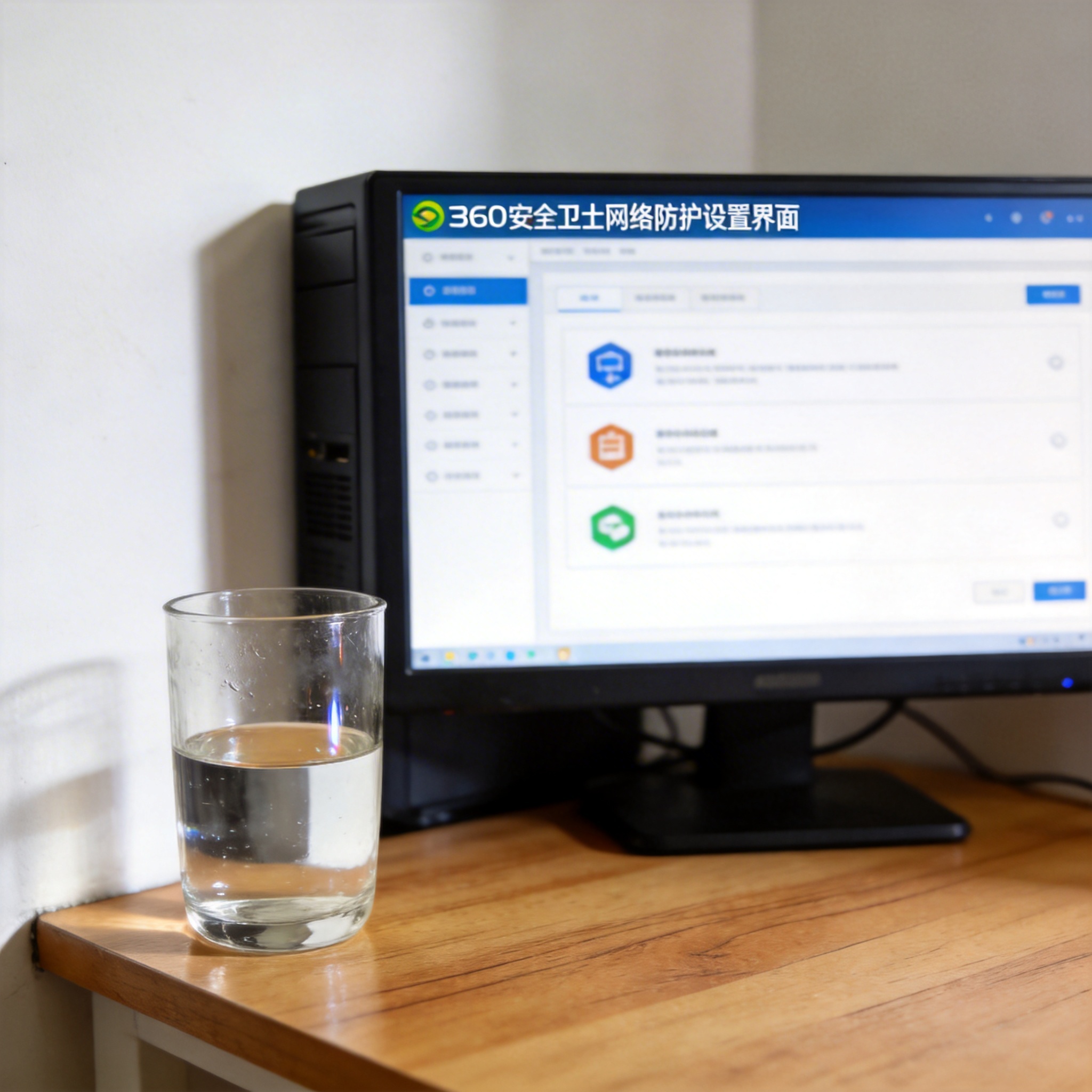 书桌上的主机，屏幕显示360 安全卫士网络防护设置界面，桌角放着水杯，自然光
