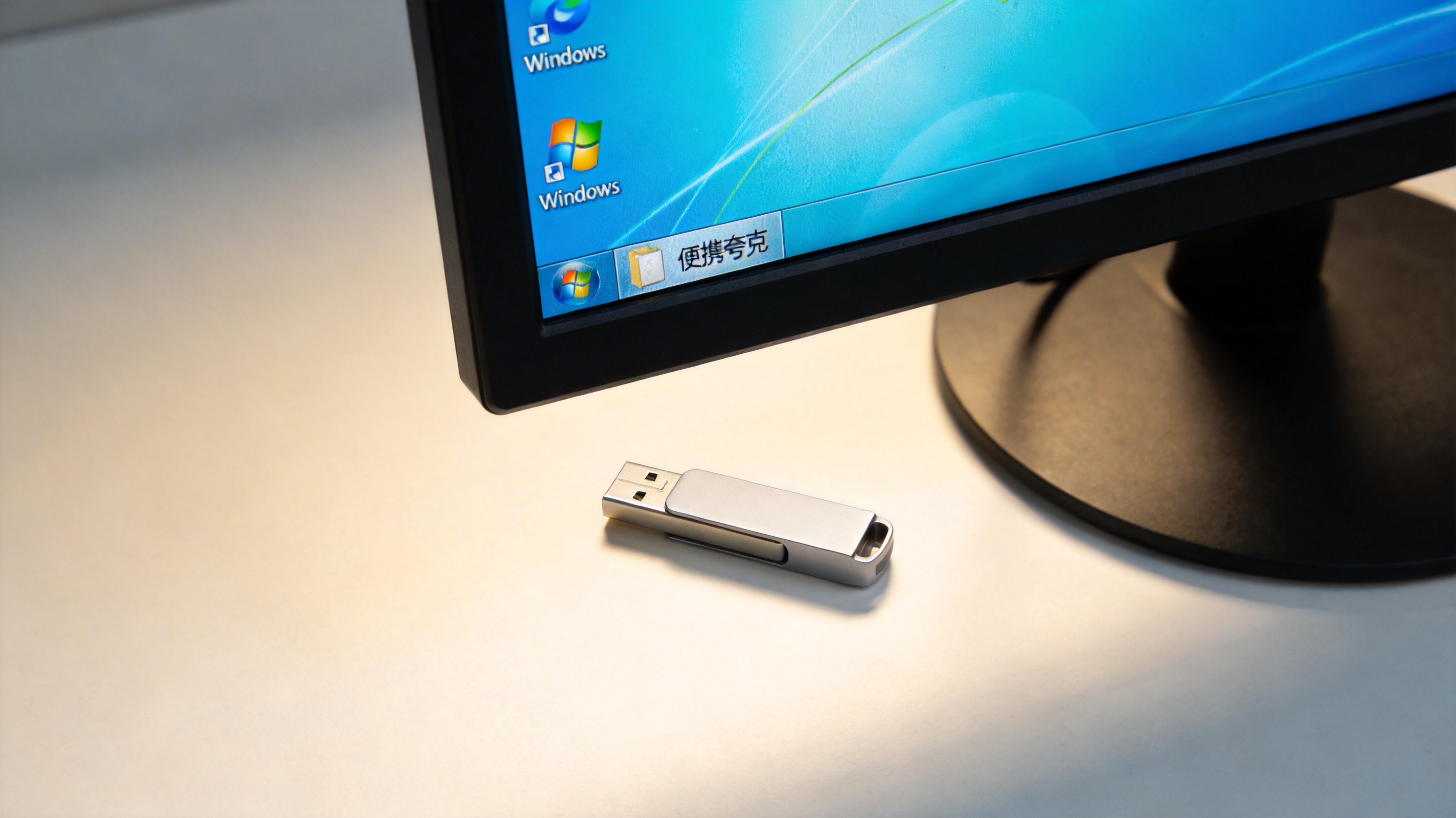 Windows系统的电脑桌面，桌面上有“便携夸克”文件夹快捷方式，旁边放着U盘，屏幕光照亮桌面