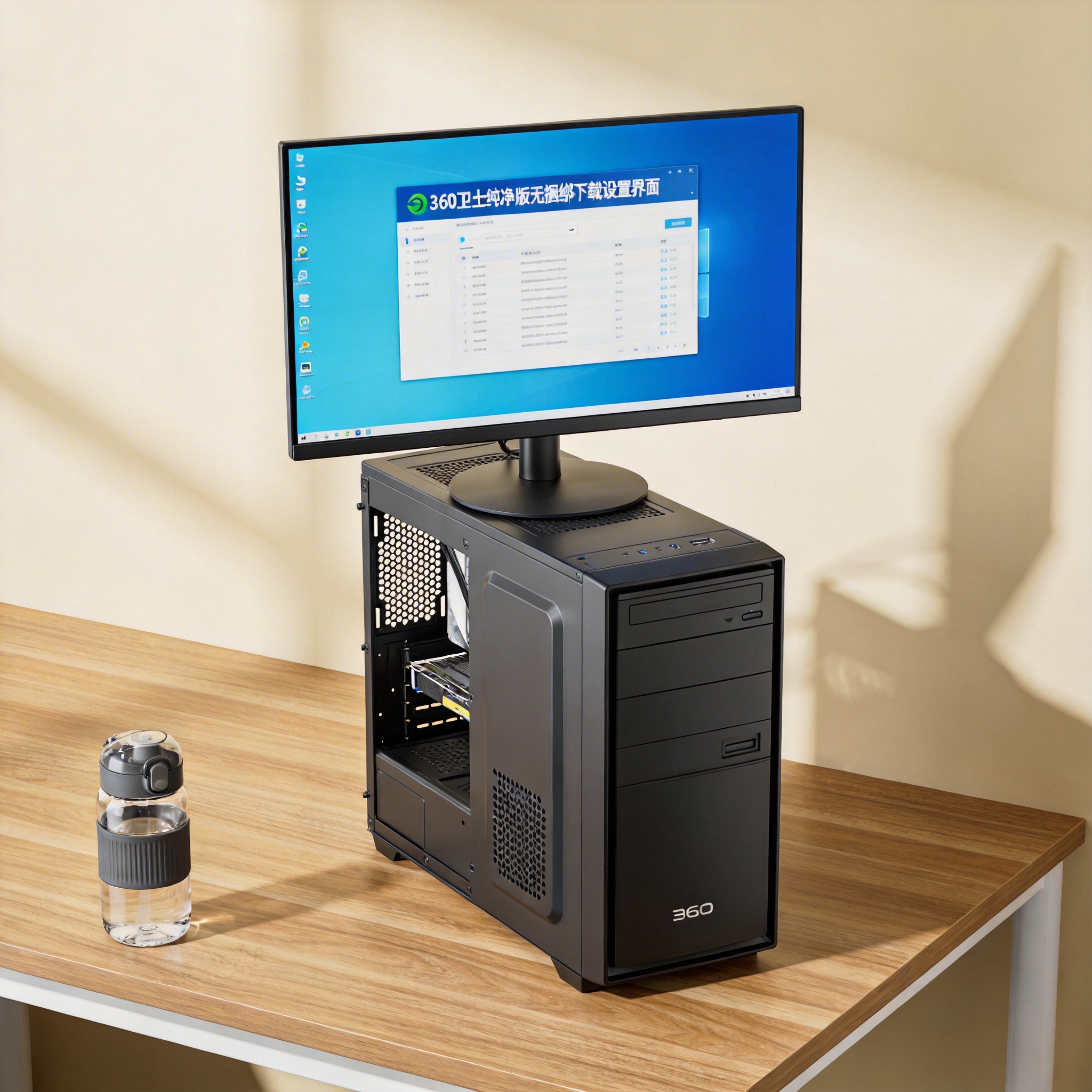 书桌上的主机，屏幕显示360 卫士纯净版无捆绑下载设置界面，桌角放着水杯，自然光