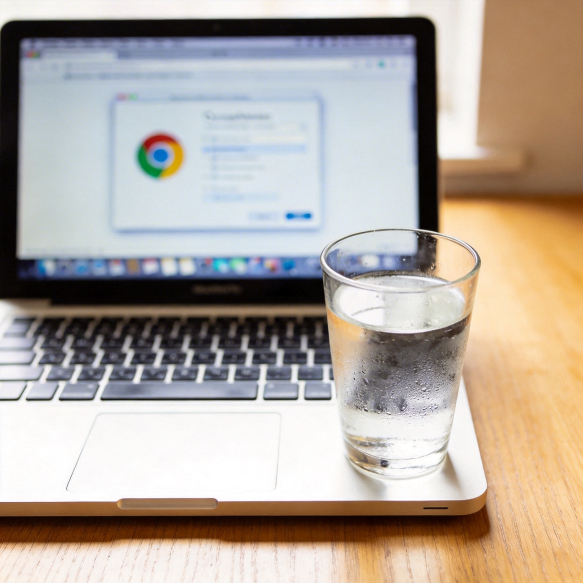 书桌上的笔记本，屏幕显示Chrome设置界面，桌角放着水杯，自然光