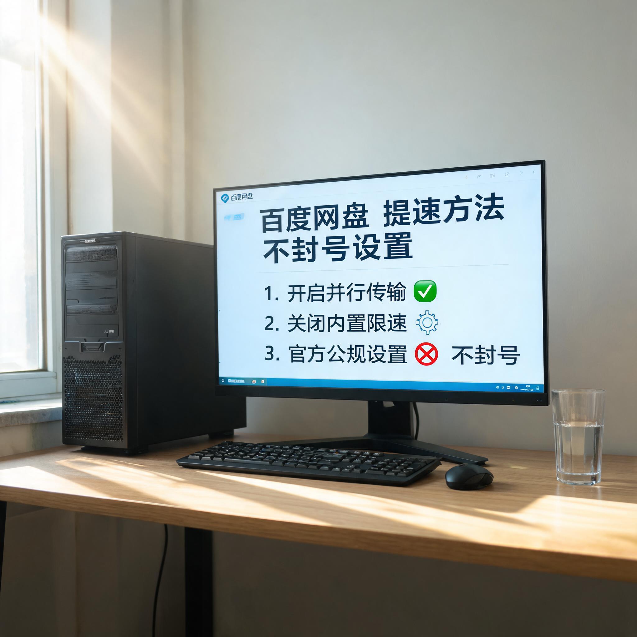 书桌上的主机，屏幕显示百度网盘提速方法不封号设置界面，桌角放着水杯，自然光