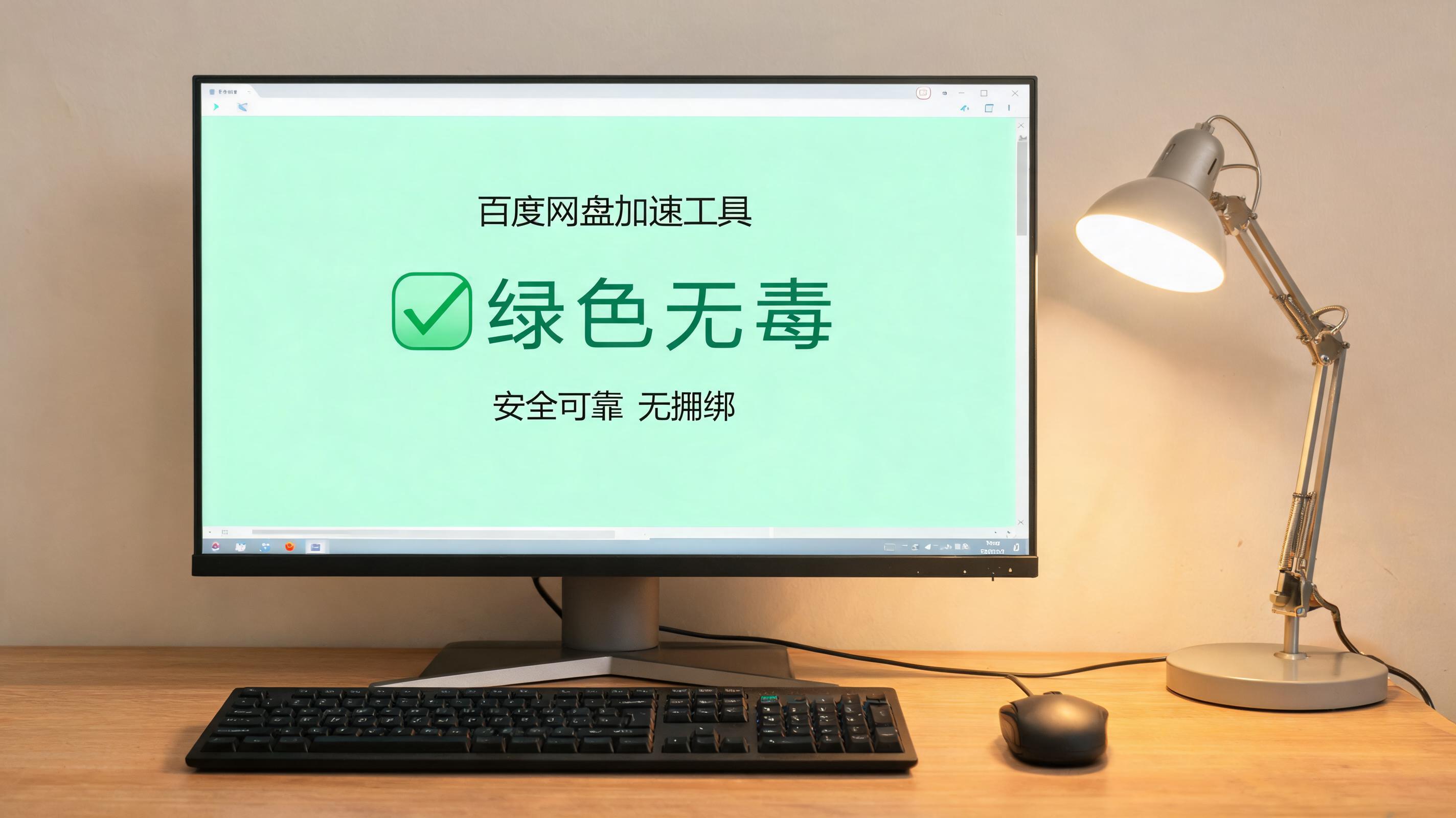 电脑桌上的电脑，屏幕显示百度网盘加速工具绿色无毒界面，旁边放着台灯