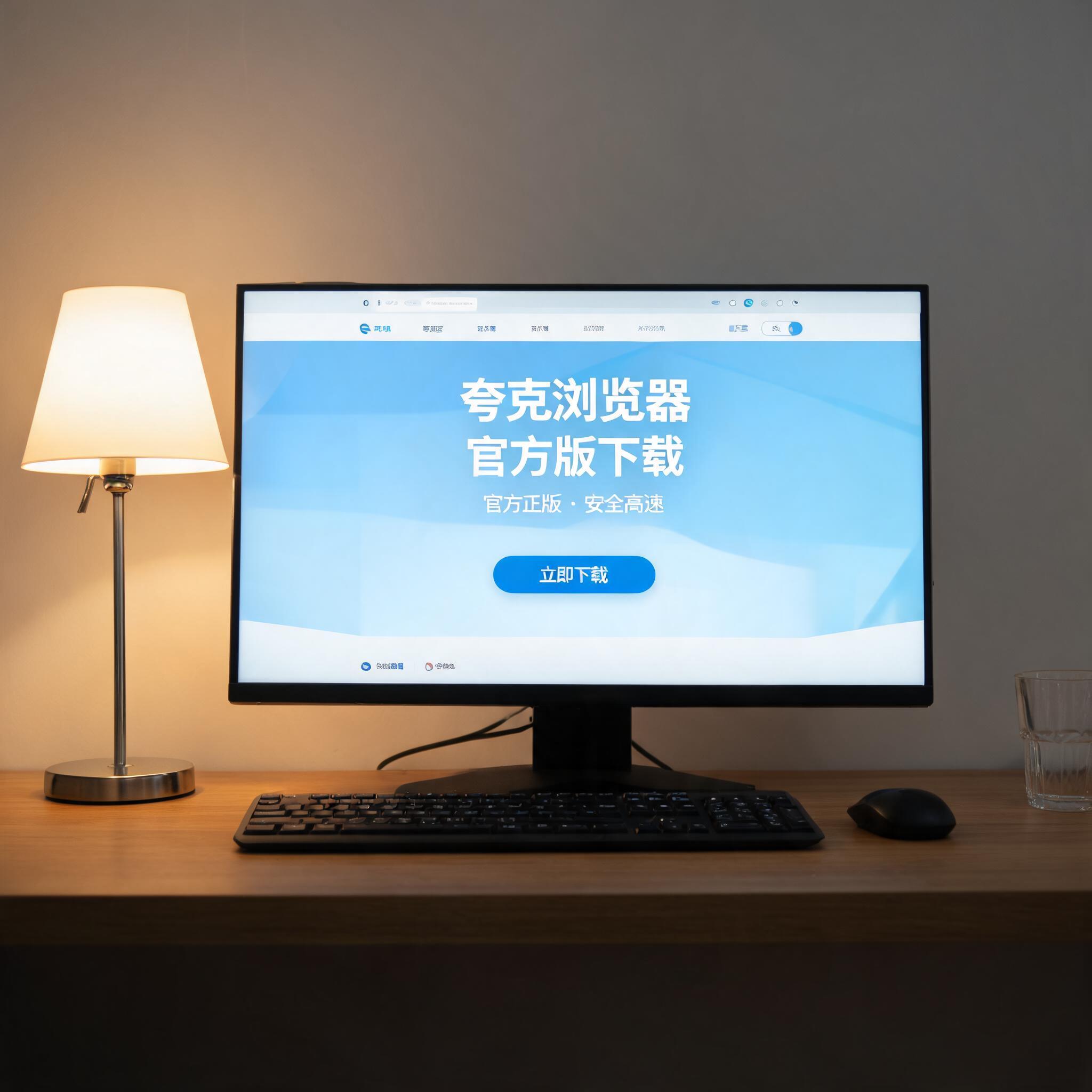 电脑桌上的电脑，屏幕显示夸克浏览器官方版下载菜单，旁边放着台灯