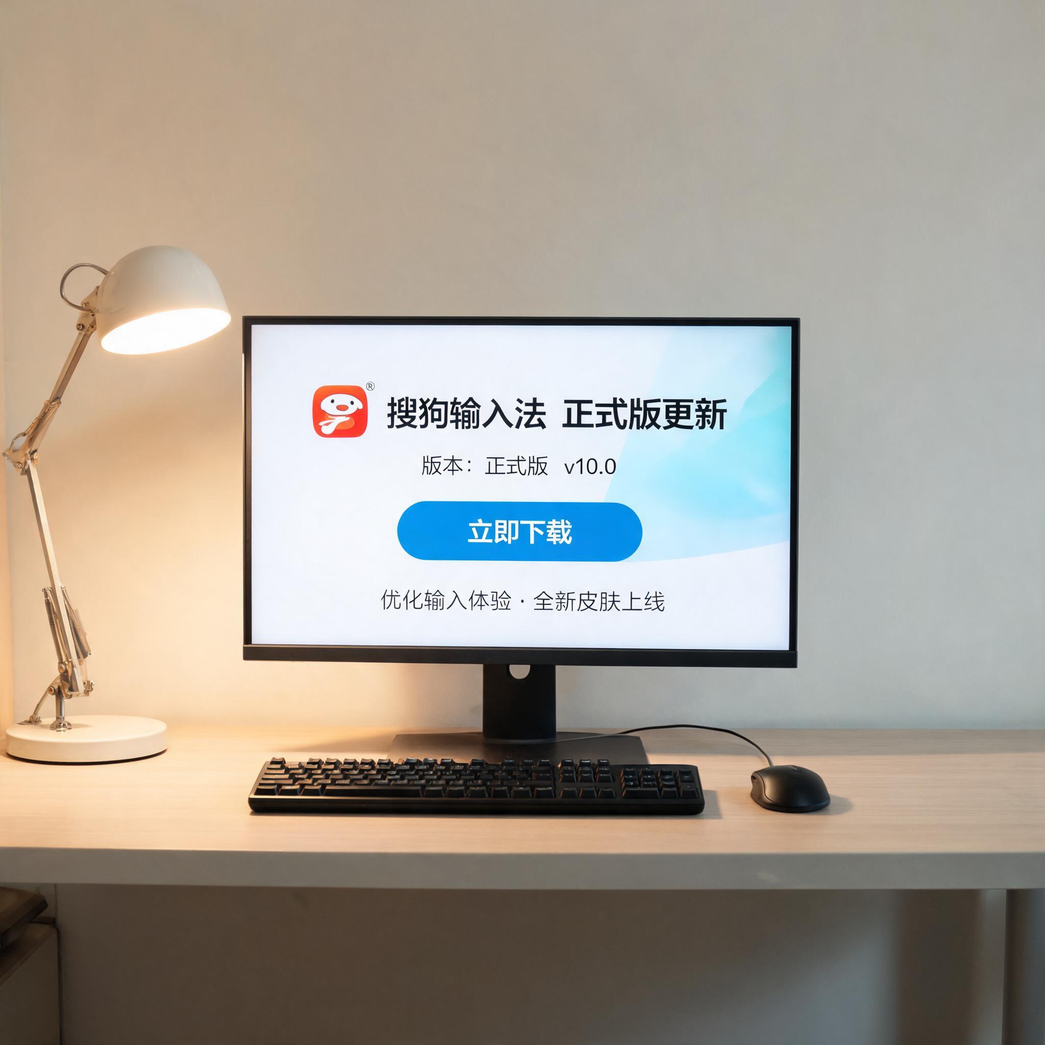 电脑桌上的电脑，屏幕显示搜狗输入法正式版更新下载界面，旁边放着台灯