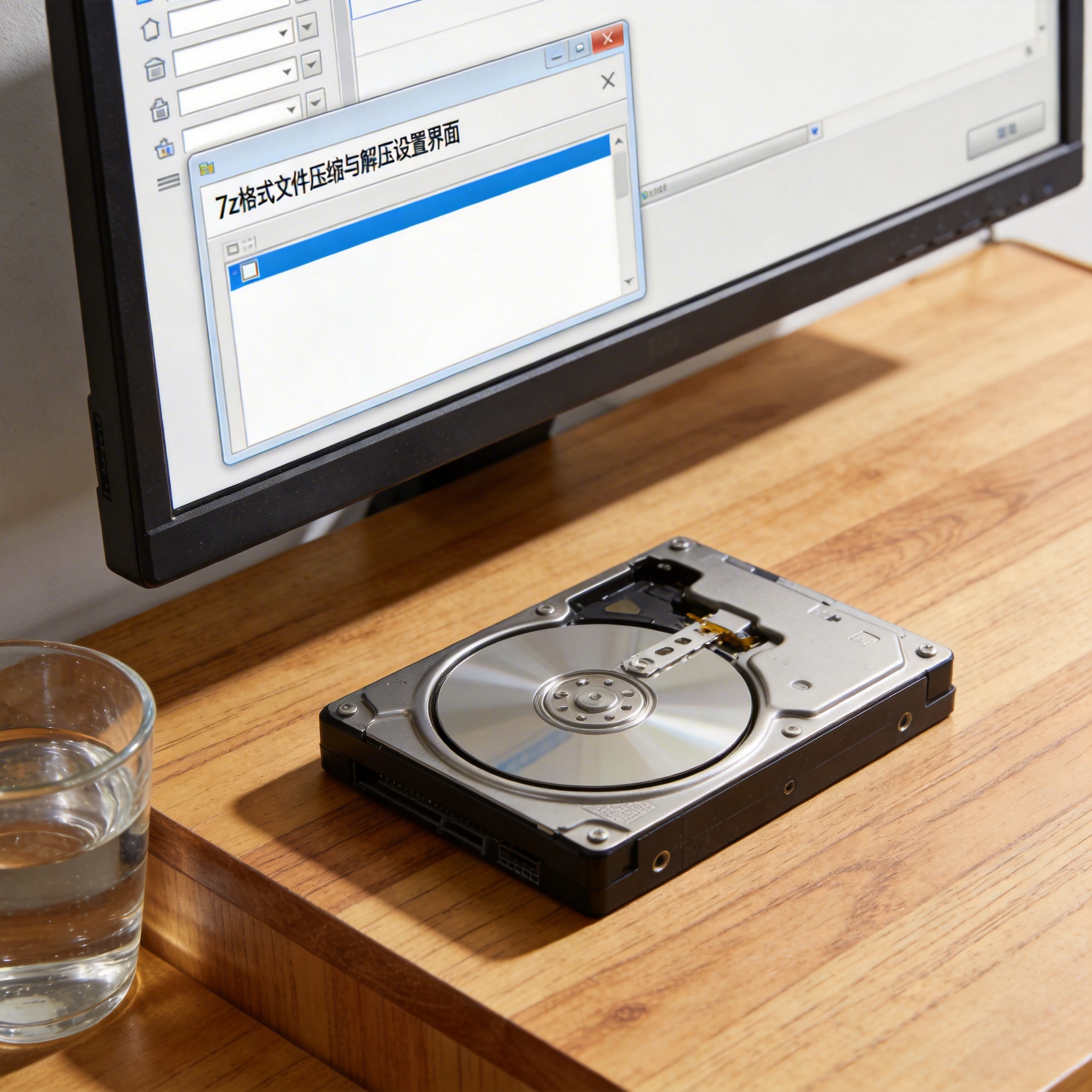 书桌上的硬盘，屏幕显示7z 格式文件压缩与解压设置界面，桌角放着水杯，自然光