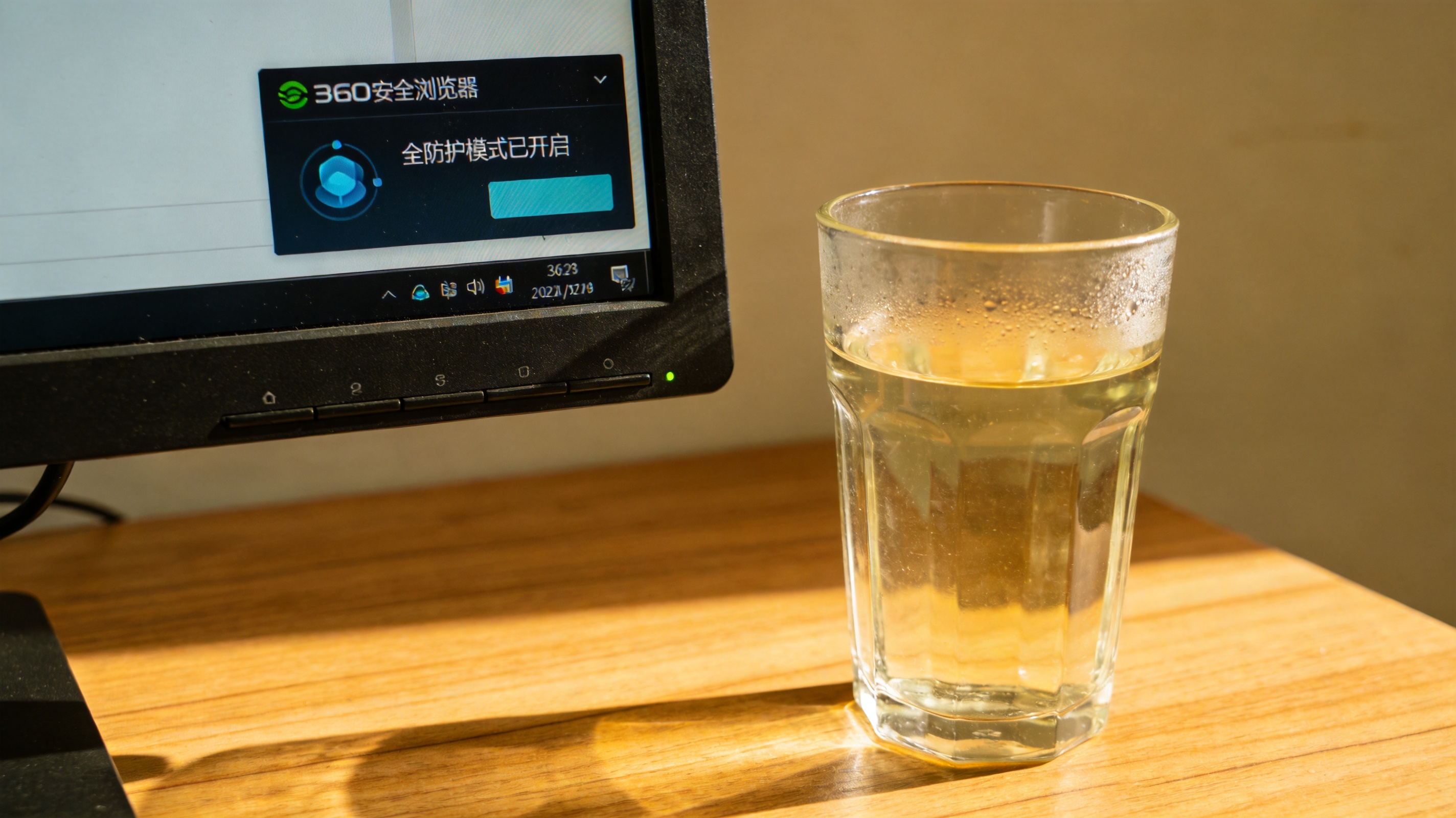 电脑桌面，屏幕显示360安全浏览器的安全防护中心界面，全防护模式已开启，旁边放着半杯温水，室内自然光