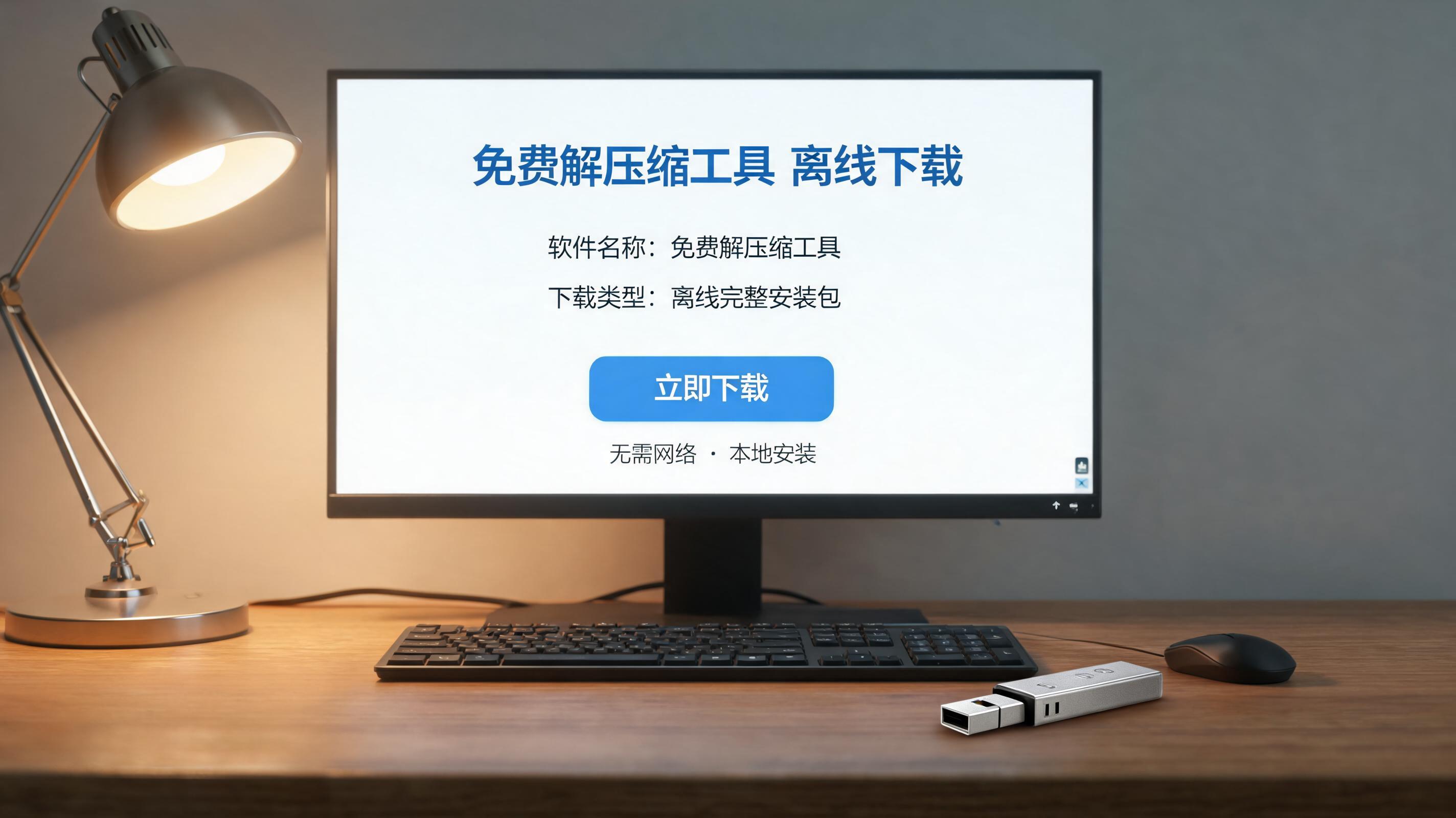 电脑桌上的U盘，屏幕显示免费解压缩工具离线下载界面，旁边放着台灯
