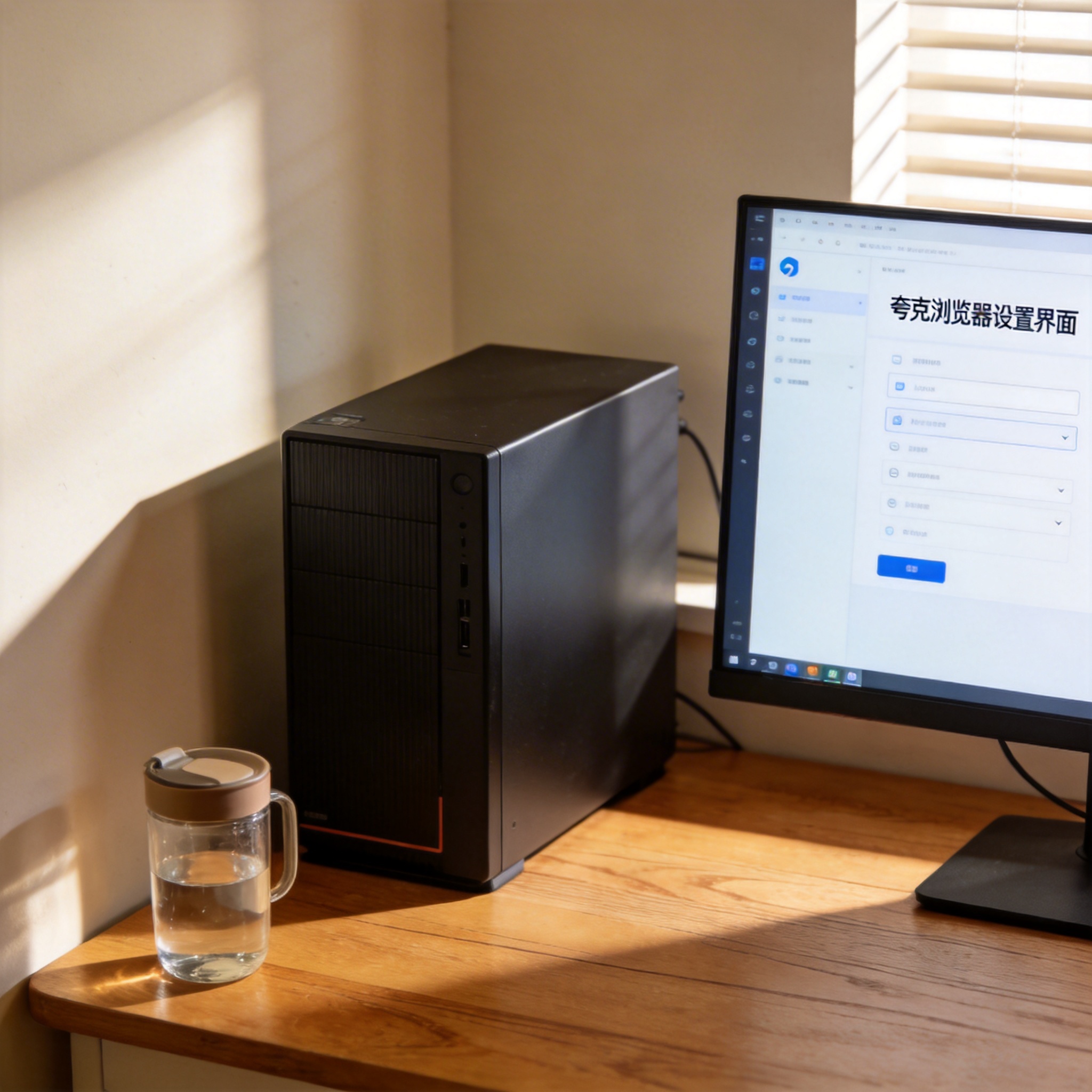 书桌上的主机，屏幕显示夸克浏览器设置界面，桌角放着水杯，自然光