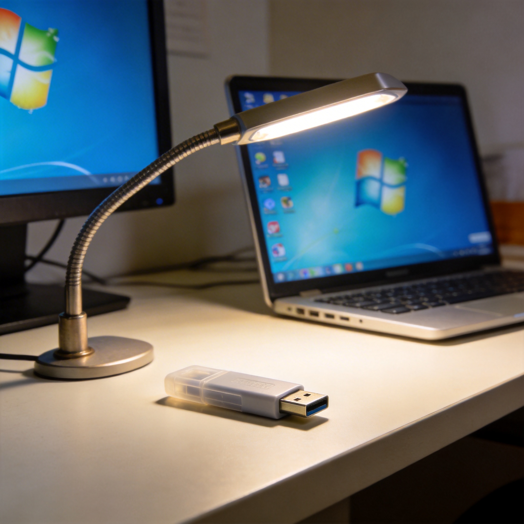 电脑桌上的U盘，屏幕显示Windows界面，旁边放着台灯