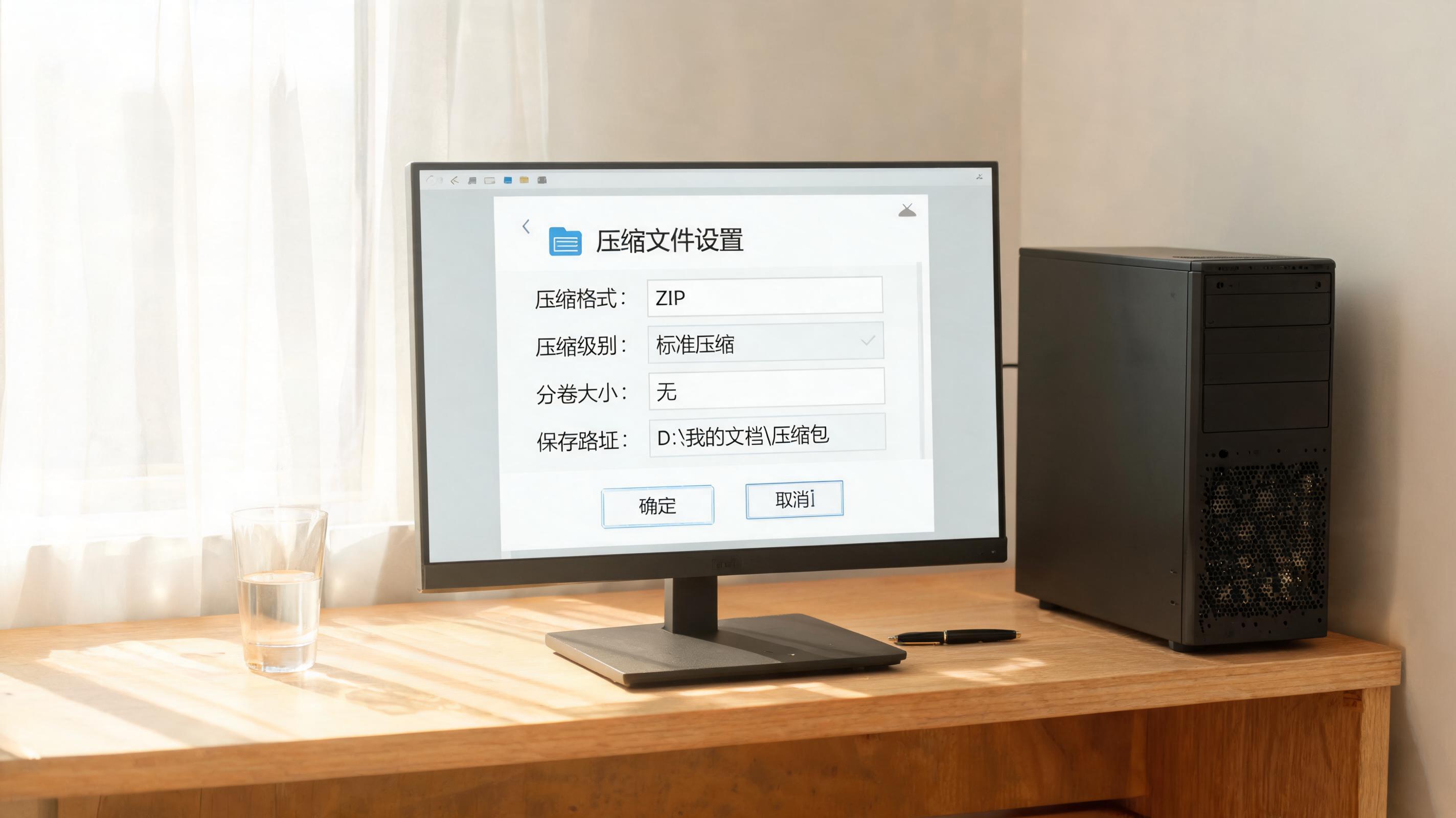 书桌上的主机，屏幕显示文件压缩设置界面，桌角放着水杯，自然光