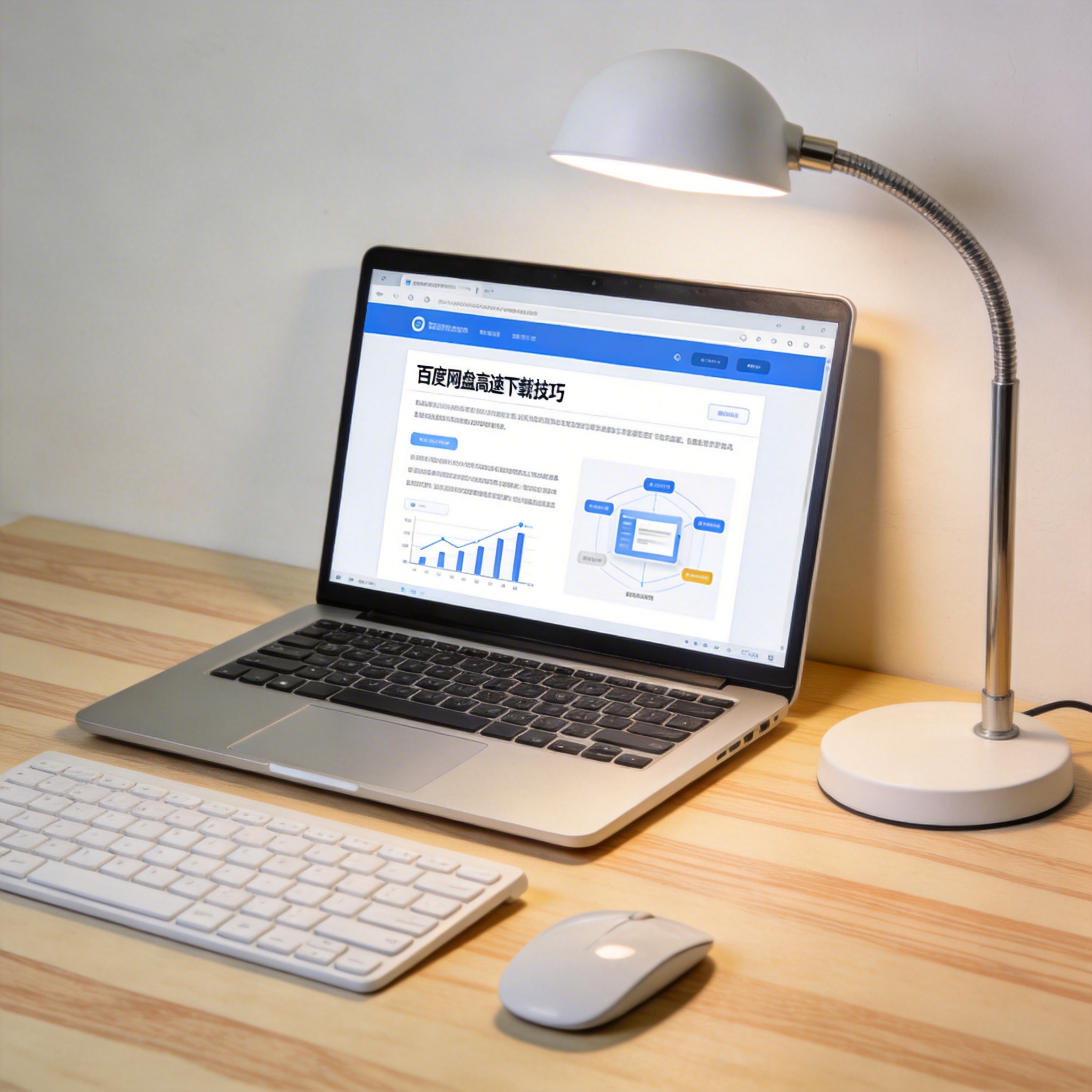 电脑桌上的电脑，屏幕显示百度网盘高速下载技巧界面，旁边放着台灯