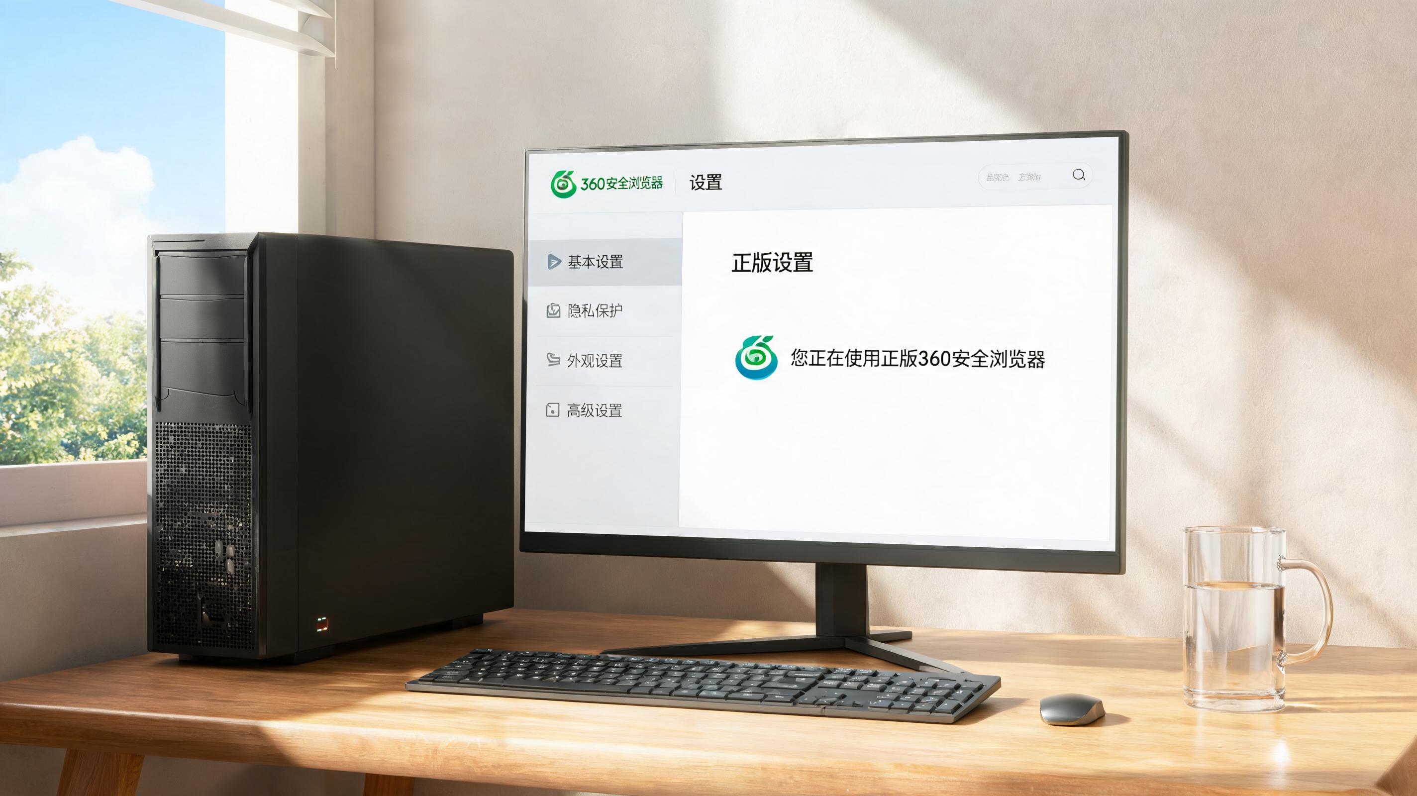 书桌上的主机，屏幕显示360 浏览器正版设置界面，桌角放着水杯，自然光